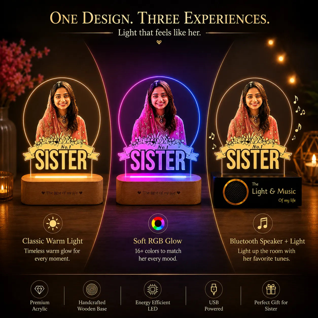 No.1 Sister – Photo Gift for Sister India | Personalized Engraved Acrylic Lamp with Wooden Base (9x6"")
