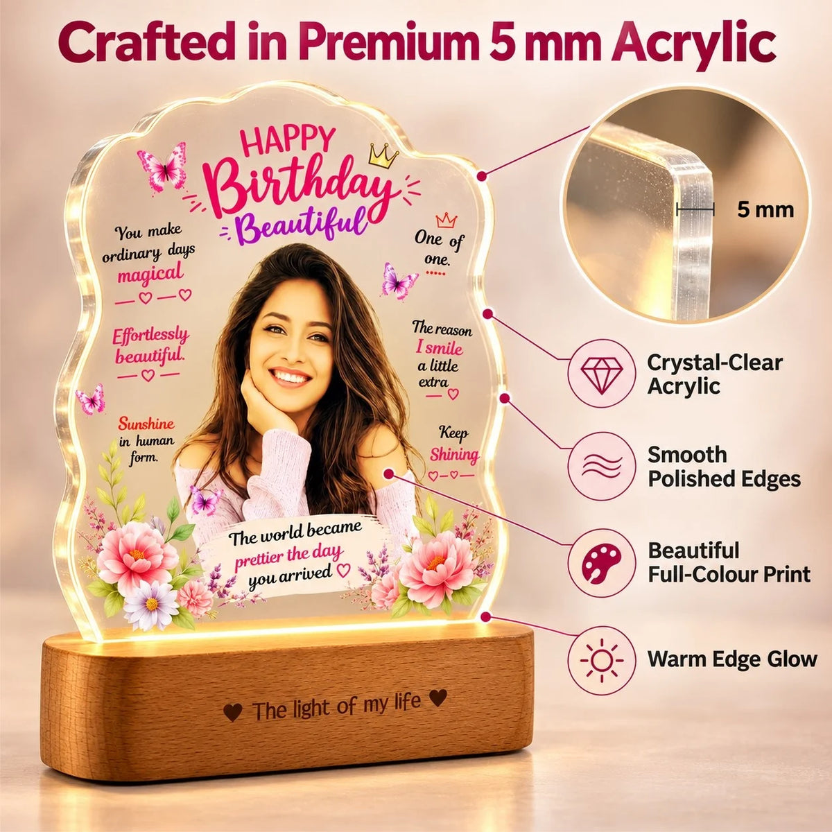 Birthday Gift for Girlfriend – Personalised Photo LED Lamp with Wooden Base