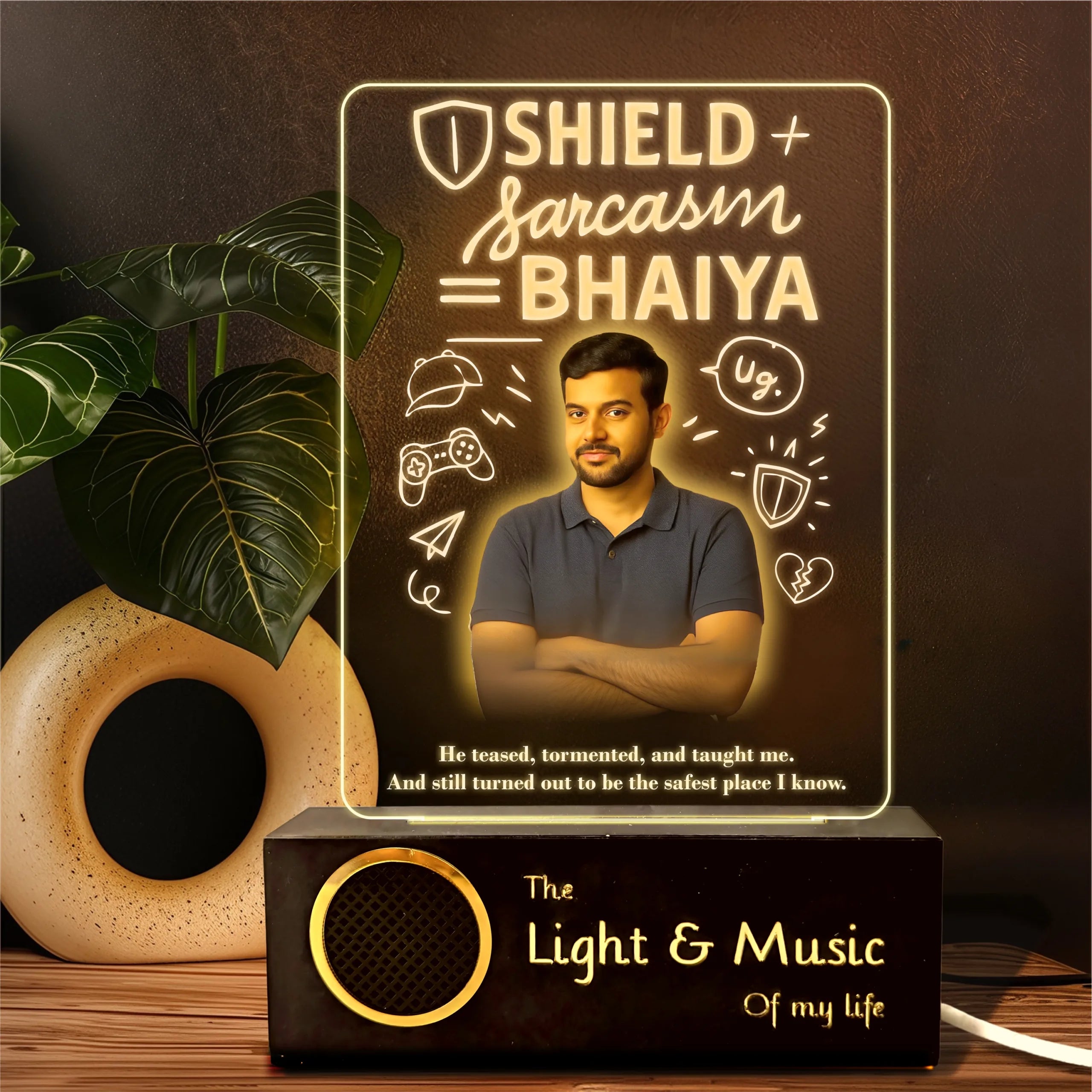 Shield + Sarcasm = Bhaiya - Personalized Rakhi Gift for Elder Brother | Custom LED Acrylic Photo Lamp with Name & Photo