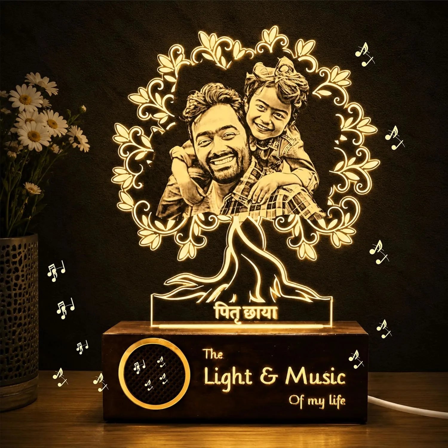 Pitruchaya Tree Lamp – A Sentimental Gift for Dad | Personalized Dad & Kid Photo Engraved Acrylic & Wood Lamp