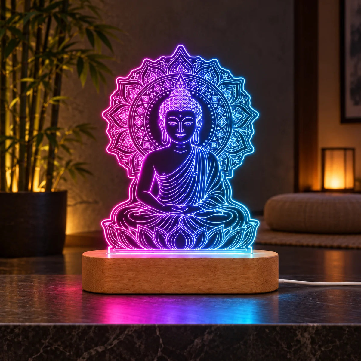 Gautam Buddha Statue LED Lamp – Mandala Buddha Showpiece for Home Decor