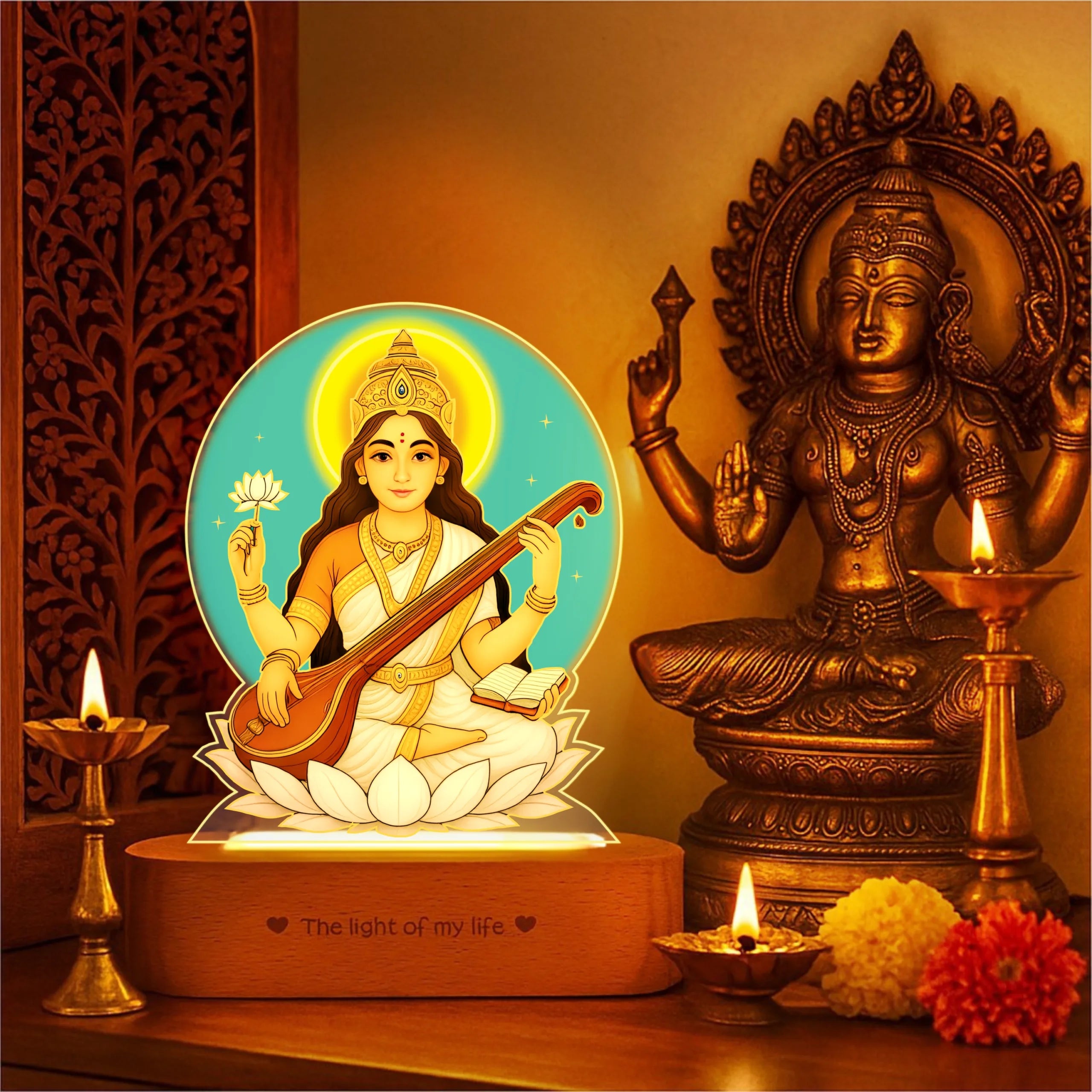 Saraswati LED Lamp | Divine Acrylic Night Light with Wooden Base for Study & Wisdom