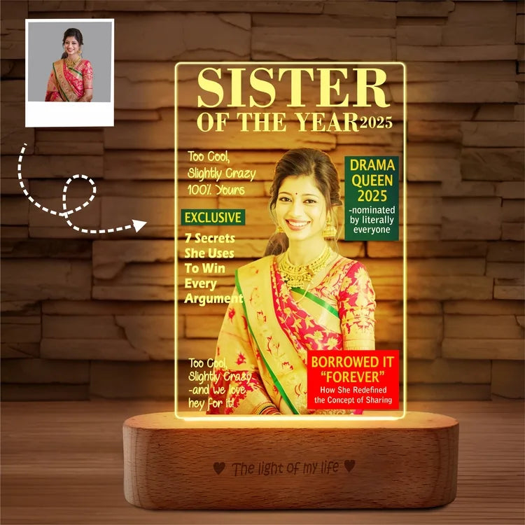 Sister of the Year 2025 – Funny LED Sister Photo Frame | Personalized Gift