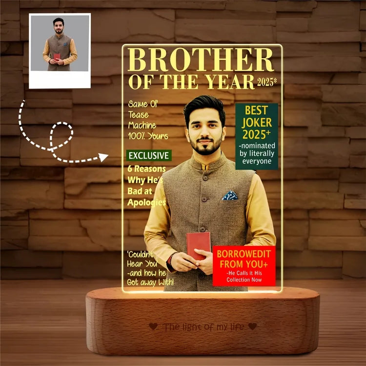 Brother of the Year 2025 – Funny LED Brother Photo Frame | Personalized Gift