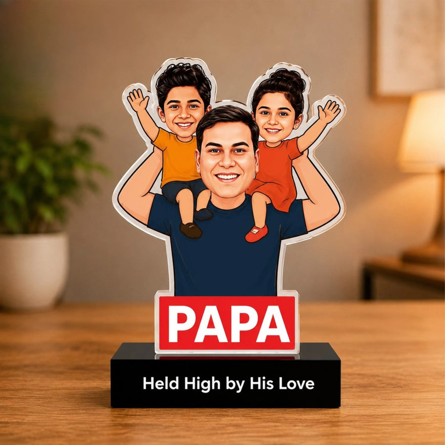 Custom Caricature Father’s Day Gift – "Held High by His Love” | Personalized Dad & Kids Acrylic Standee