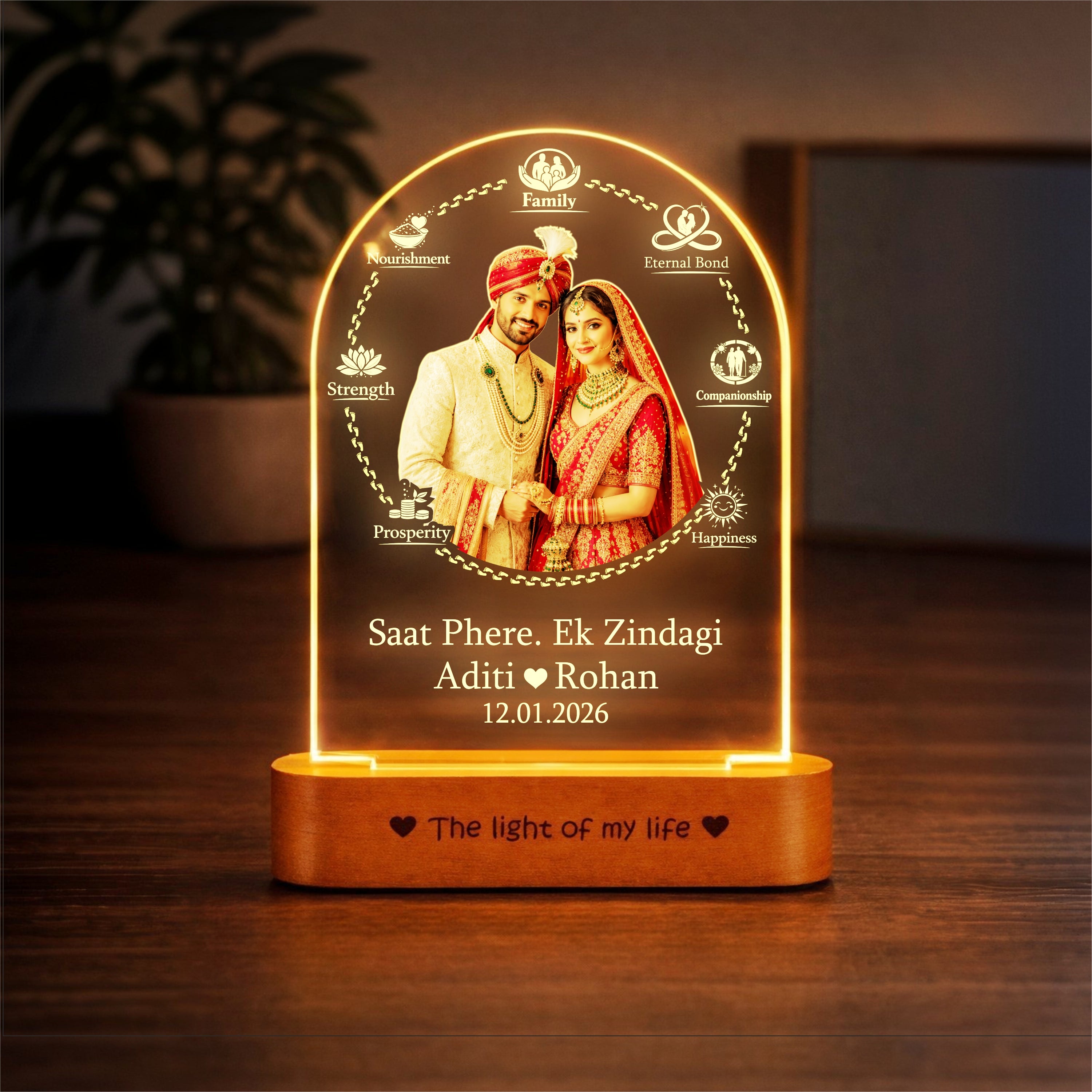 Wedding Gift for Couple – Personalized Saat Phere 7 Vows Photo Lamp (Custom Names & Date) | Warm Golden LED