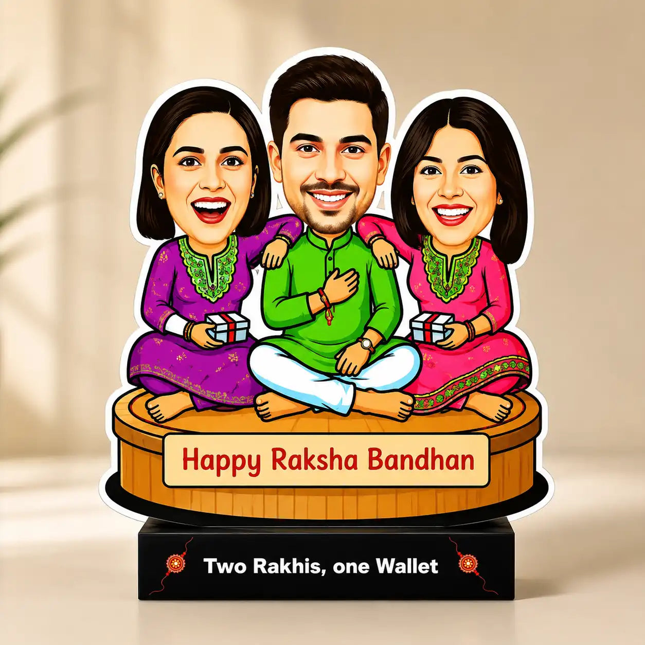 Two Rakhis, One Wallet – Rakhi Gift for Brother from Two Sisters India | Personalized Caricature Standee (7x6")
