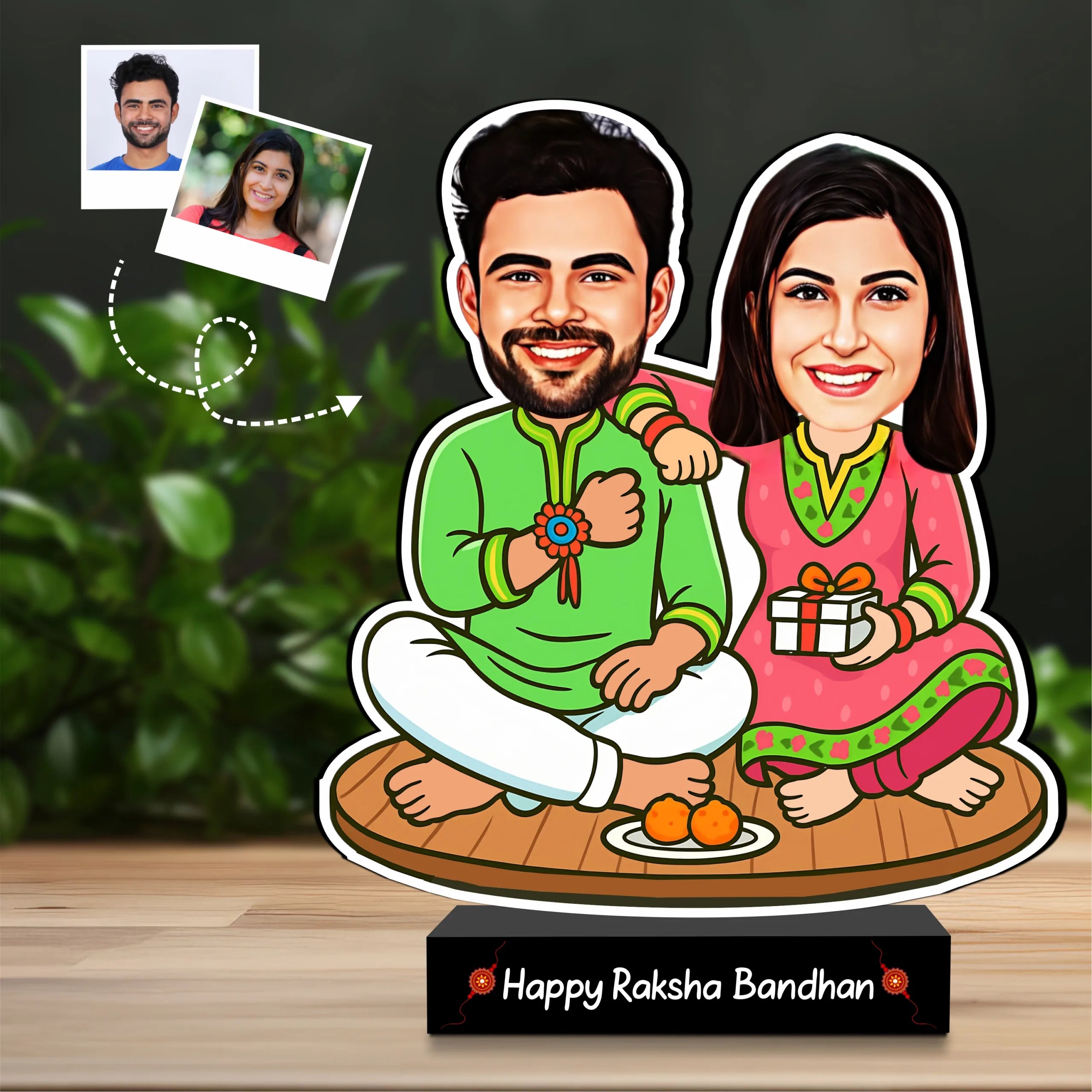 Rakhi Rituals – Personalized Brother-Sister Caricature | Custom Photo Rakhi Gift Standee (7x4") – MDF & Acrylic
