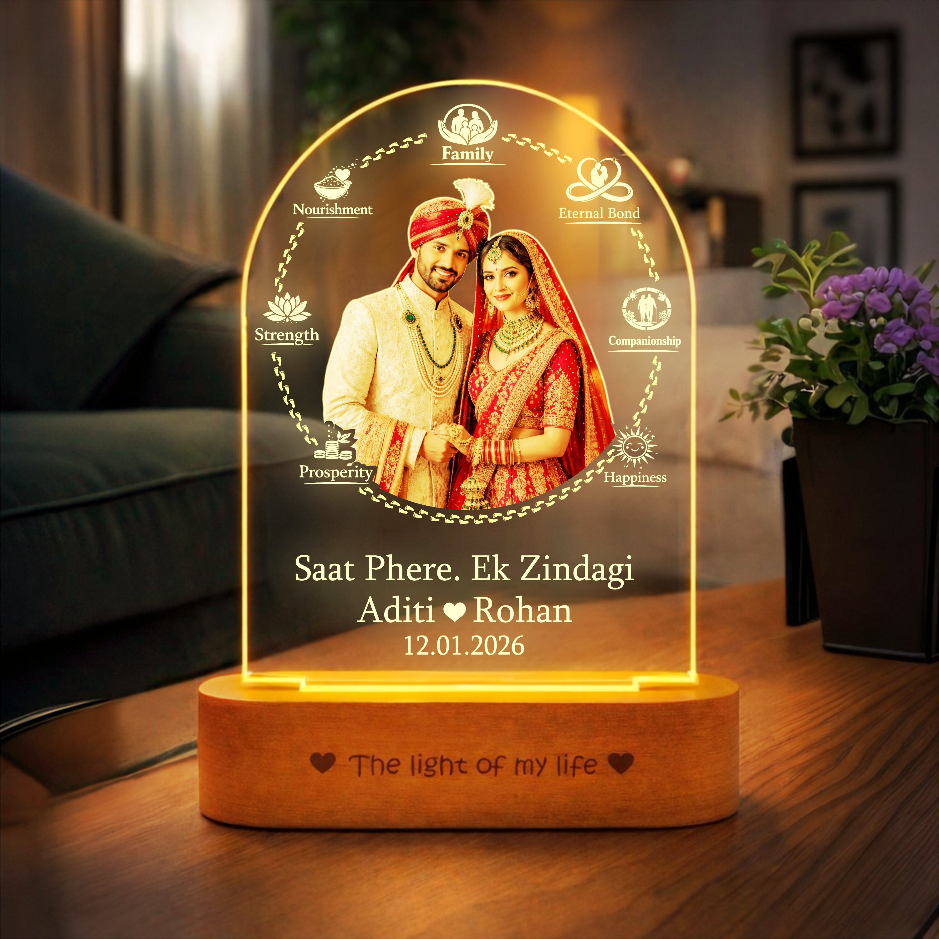 Wedding Gift for Couple – Personalized Saat Phere 7 Vows Photo Lamp (Custom Names & Date) | Warm Golden LED