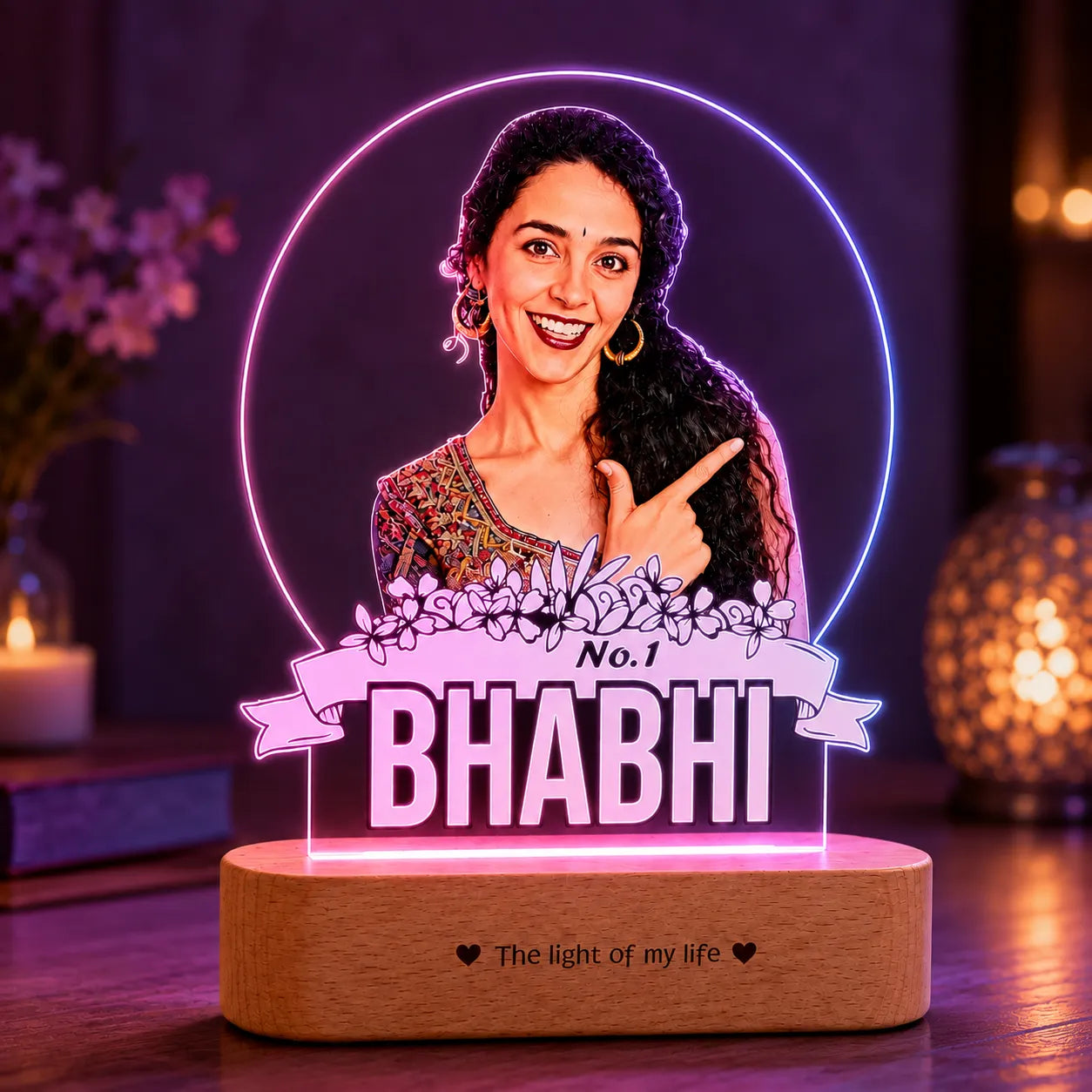 No.1 Bhabhi – Personalized Gift for Bhabhi India | Custom Photo Engraved Acrylic Lamp with Wooden Base (9x6")