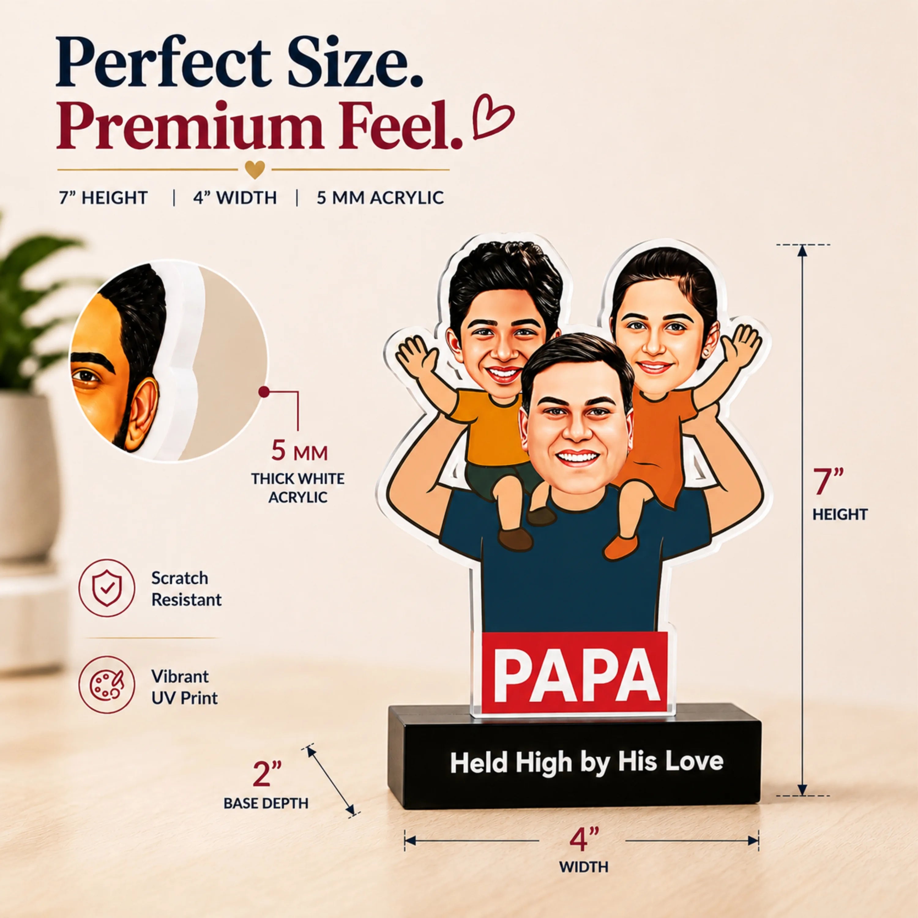 Custom Caricature Father’s Day Gift – "Held High by His Love” | Personalized Dad & Kids Acrylic Standee