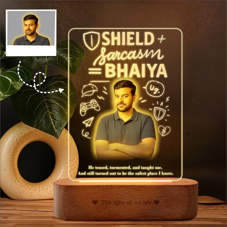 Shield + Sarcasm = Bhaiya - Personalized Rakhi Gift for Elder Brother | Custom LED Acrylic Photo Lamp with Name & Photo