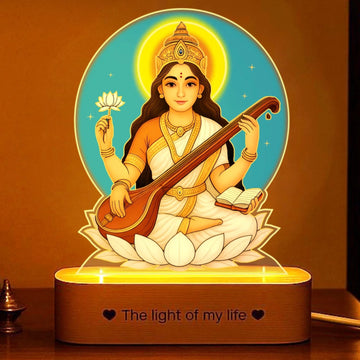 Saraswati LED Lamp | Divine Acrylic Night Light with Wooden Base for Study & Wisdom