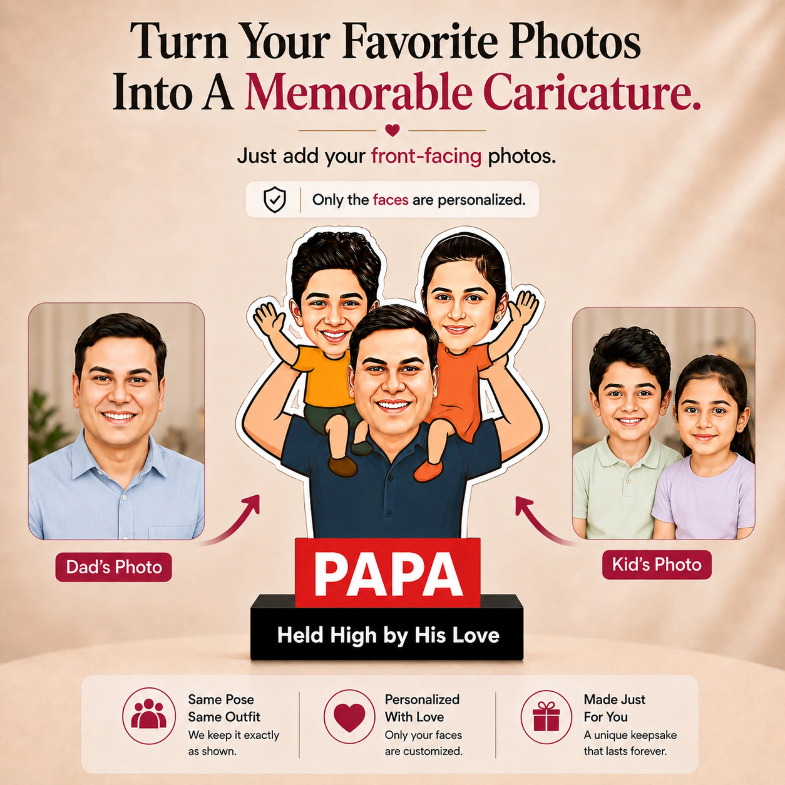Custom Caricature Father’s Day Gift – "Held High by His Love” | Personalized Dad & Kids Acrylic Standee