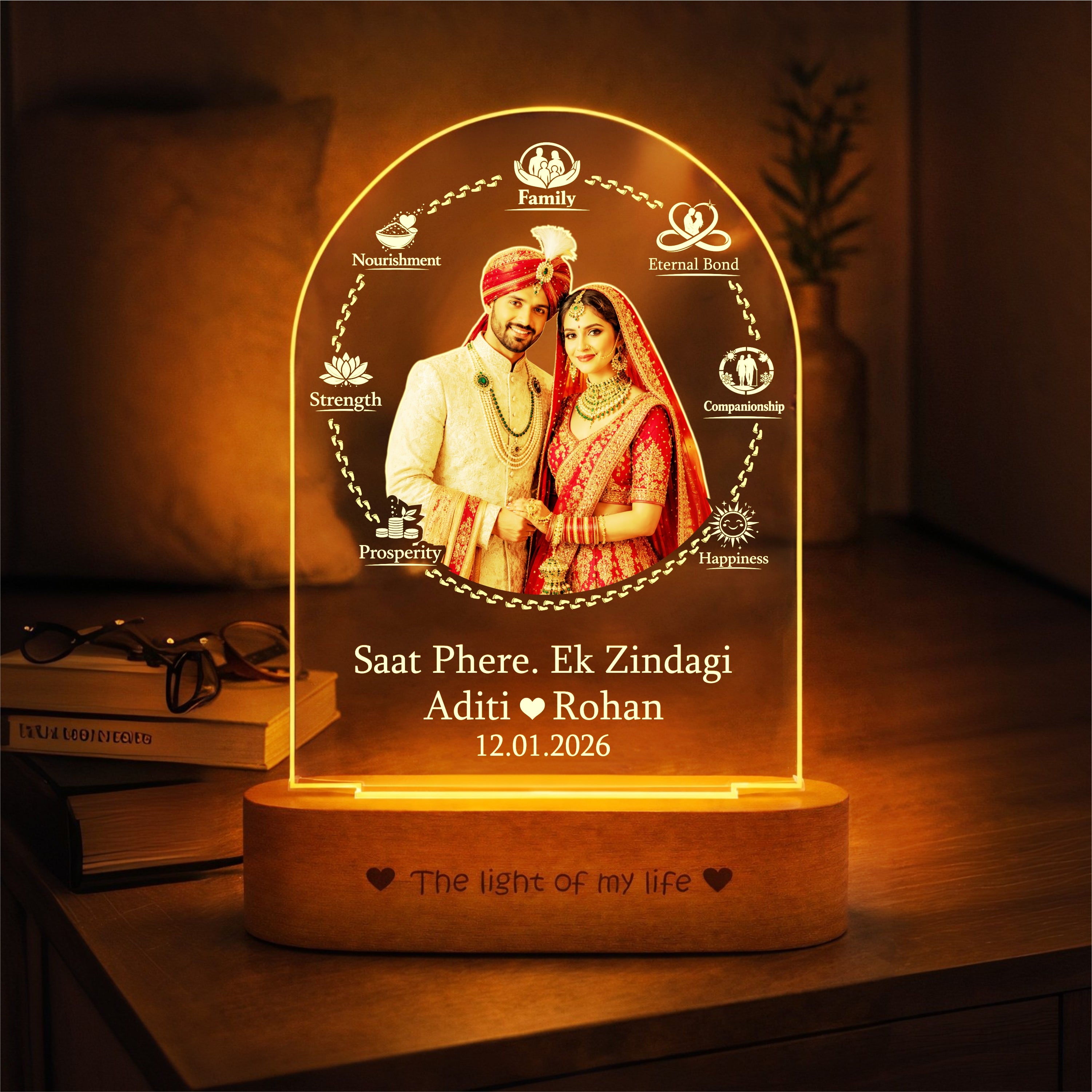 Wedding Gift for Couple – Personalized Saat Phere 7 Vows Photo Lamp (Custom Names & Date) | Warm Golden LED