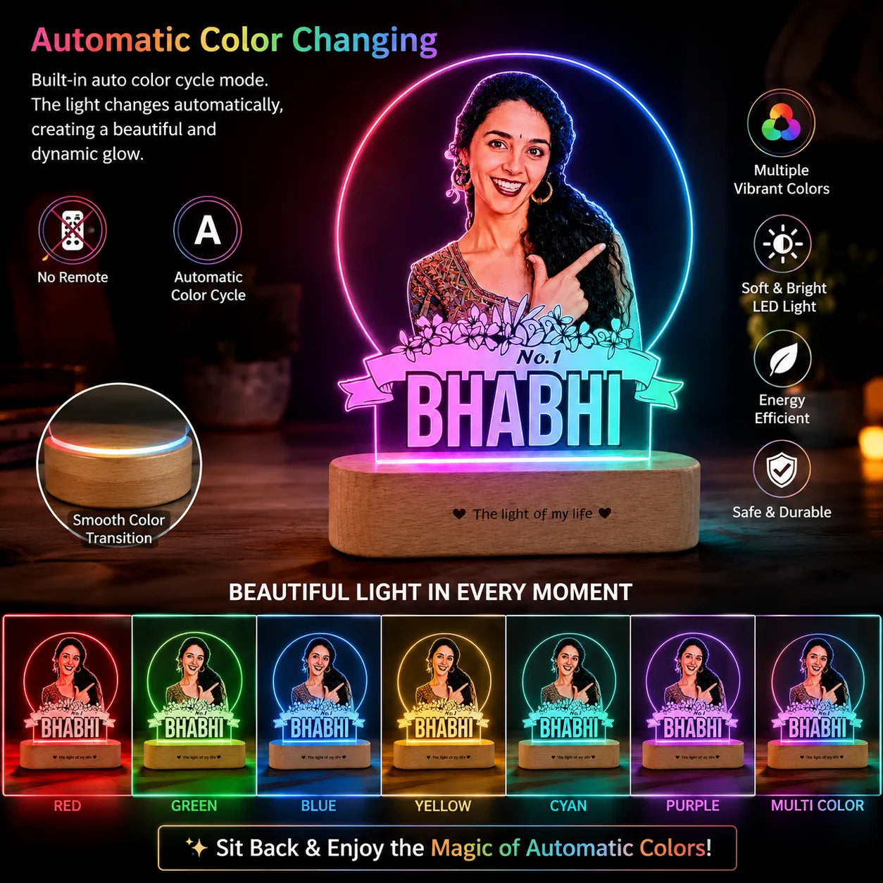 No.1 Bhabhi – Personalized Gift for Bhabhi India | Custom Photo Engraved Acrylic Lamp with Wooden Base (9x6")