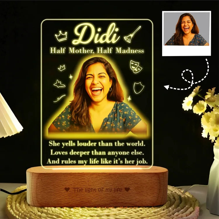 Half Mother, Half Madness - Fun Big Sister Gift | Personalized LED Photo Frame with Name & Picture