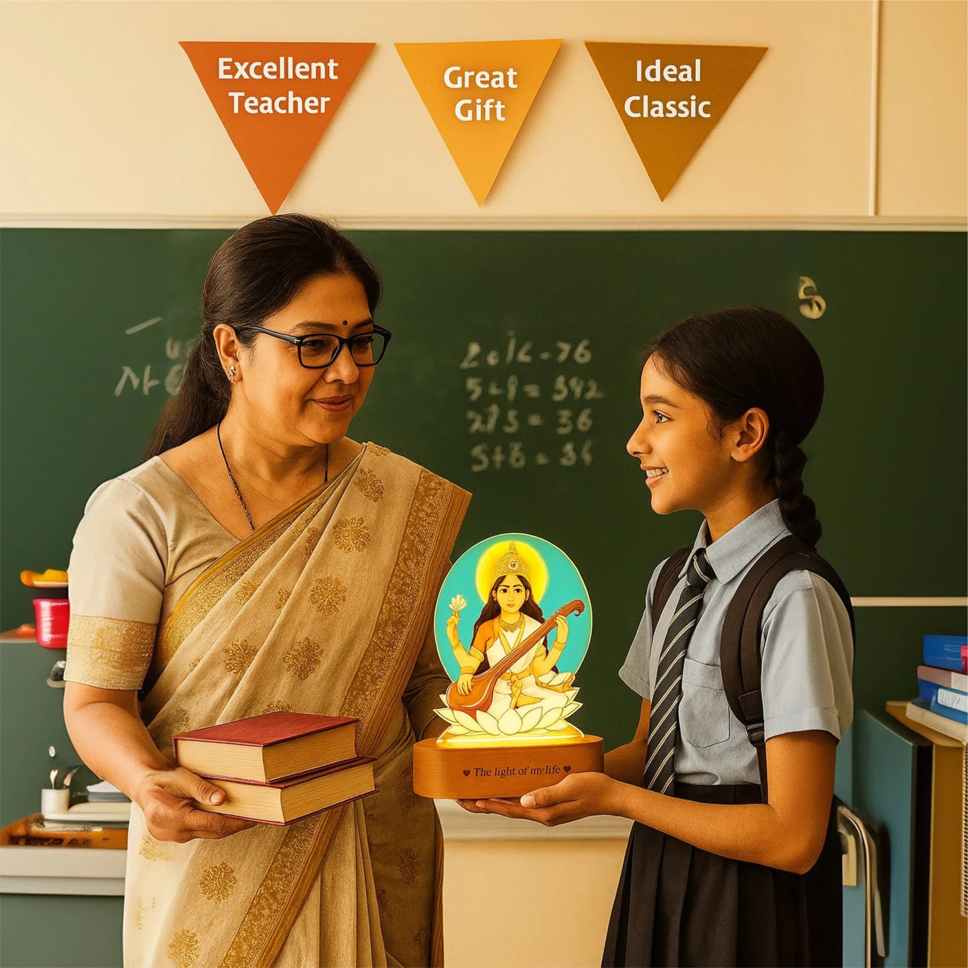 Saraswati LED Lamp | Divine Acrylic Night Light with Wooden Base for Study & Wisdom