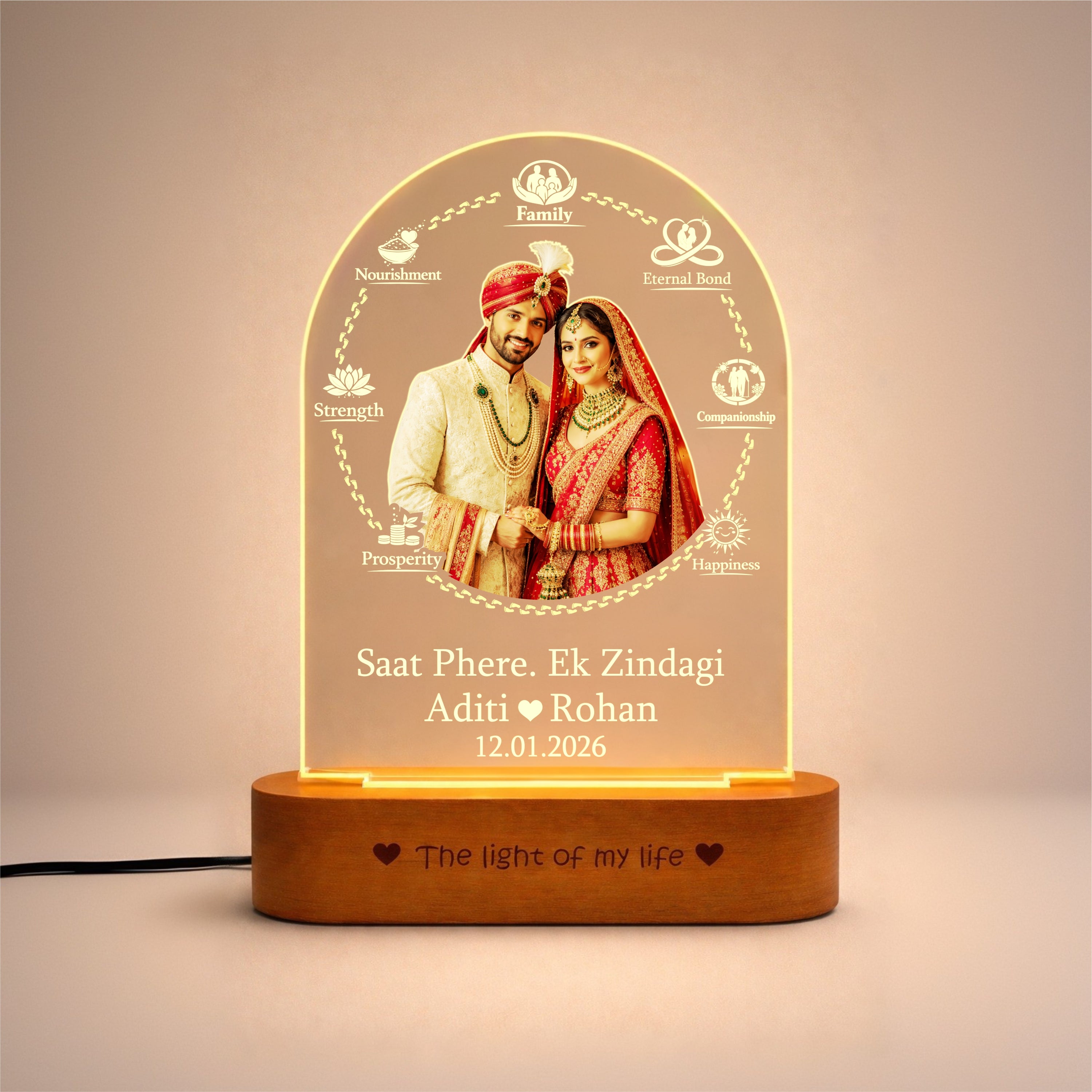 Wedding Gift for Couple – Personalized Saat Phere 7 Vows Photo Lamp (Custom Names & Date) | Warm Golden LED