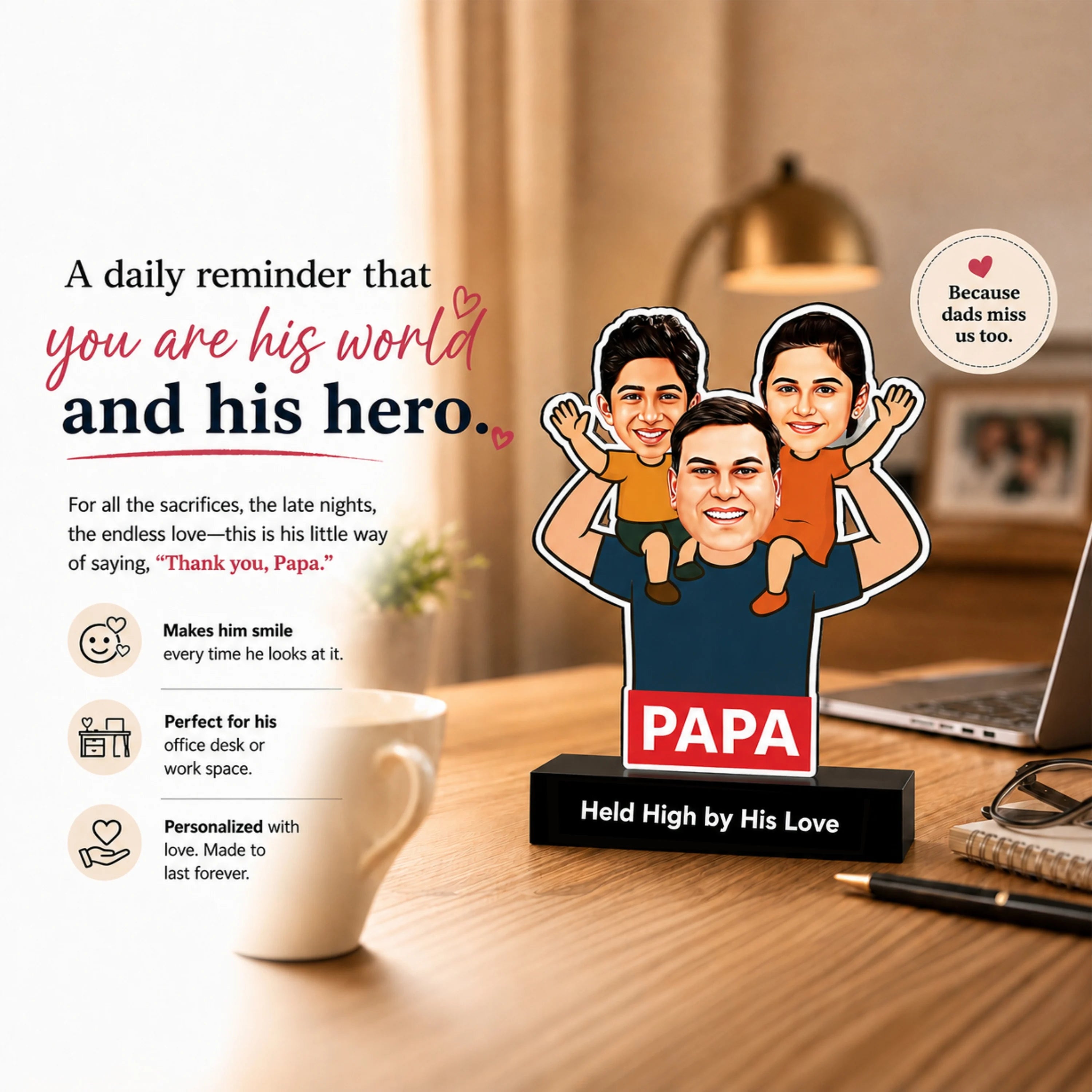 Custom Caricature Father’s Day Gift – "Held High by His Love” | Personalized Dad & Kids Acrylic Standee