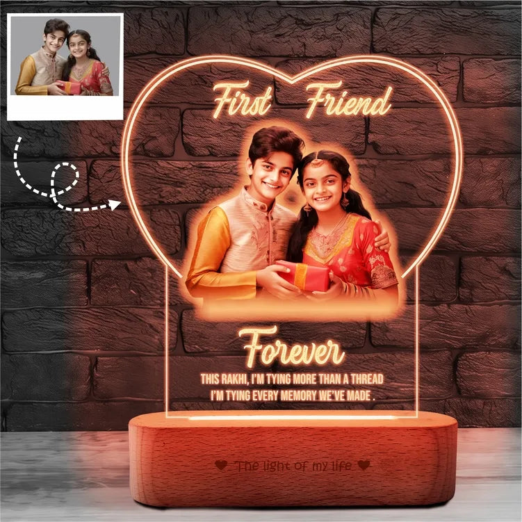 First Friend, Forever – Personalized Gift for Brother Sister | Custom LED Photo Frame for Rakhi