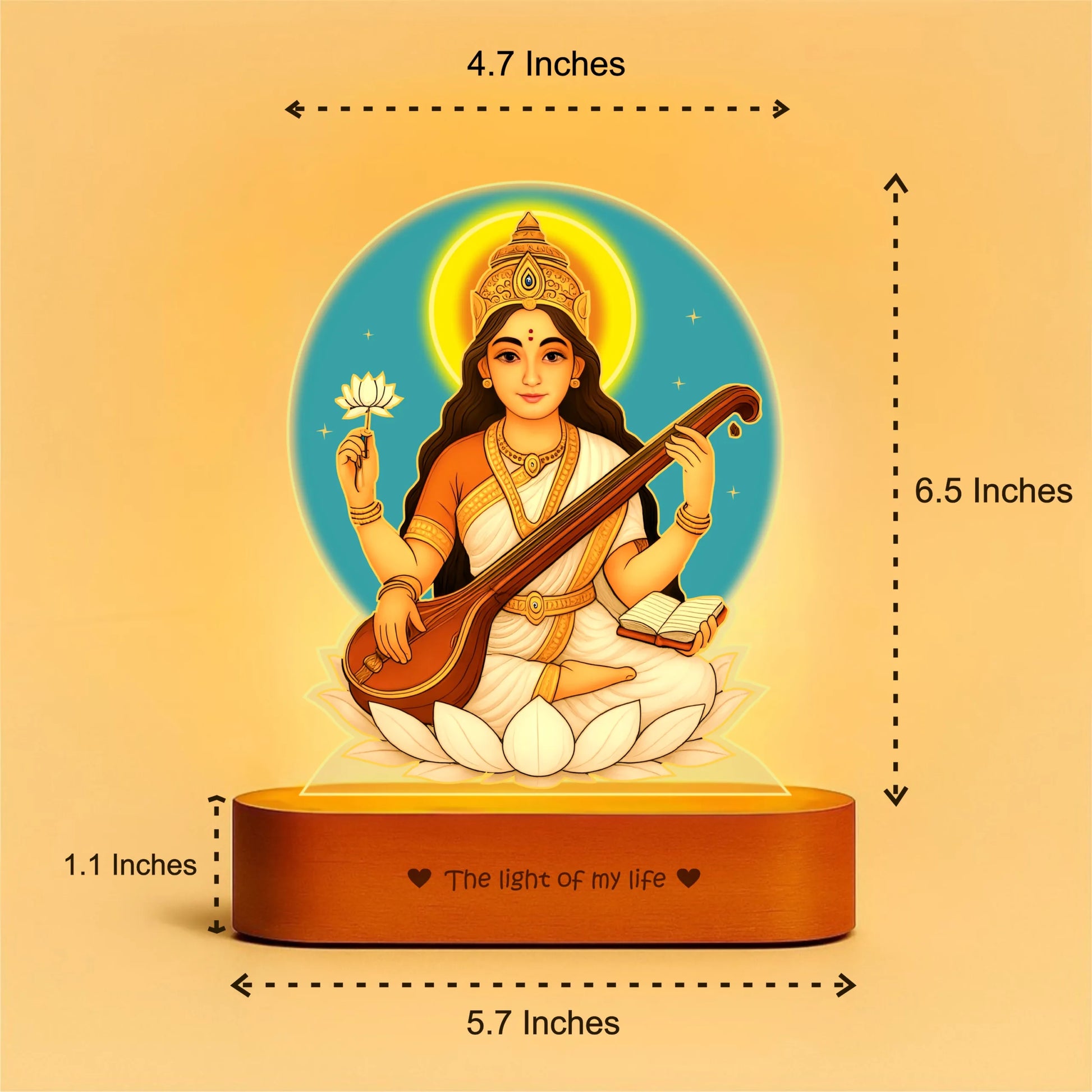 Saraswati LED Lamp | Divine Acrylic Night Light with Wooden Base for Study & Wisdom