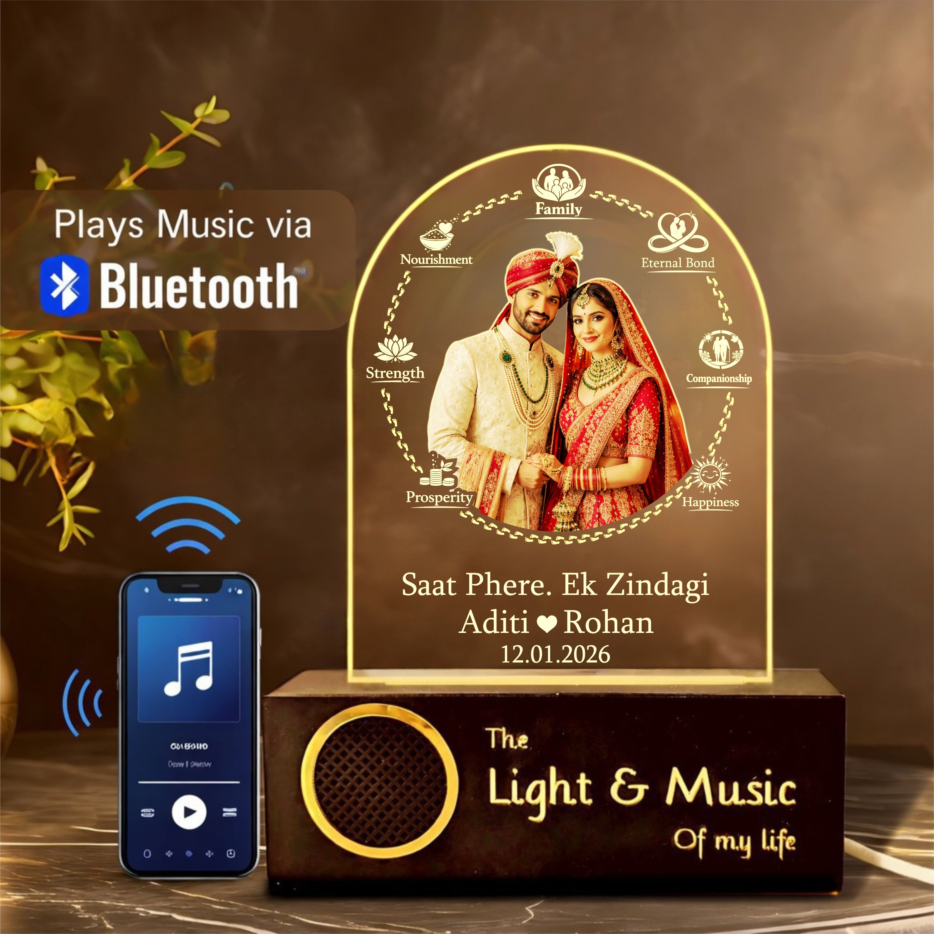 Wedding Gift for Couple – Personalized Saat Phere 7 Vows Photo Lamp (Custom Names & Date) | Warm Golden LED