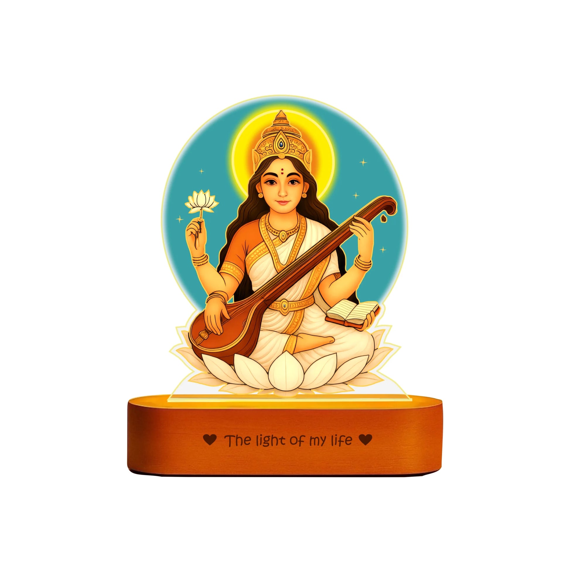 Saraswati LED Lamp | Divine Acrylic Night Light with Wooden Base for Study & Wisdom