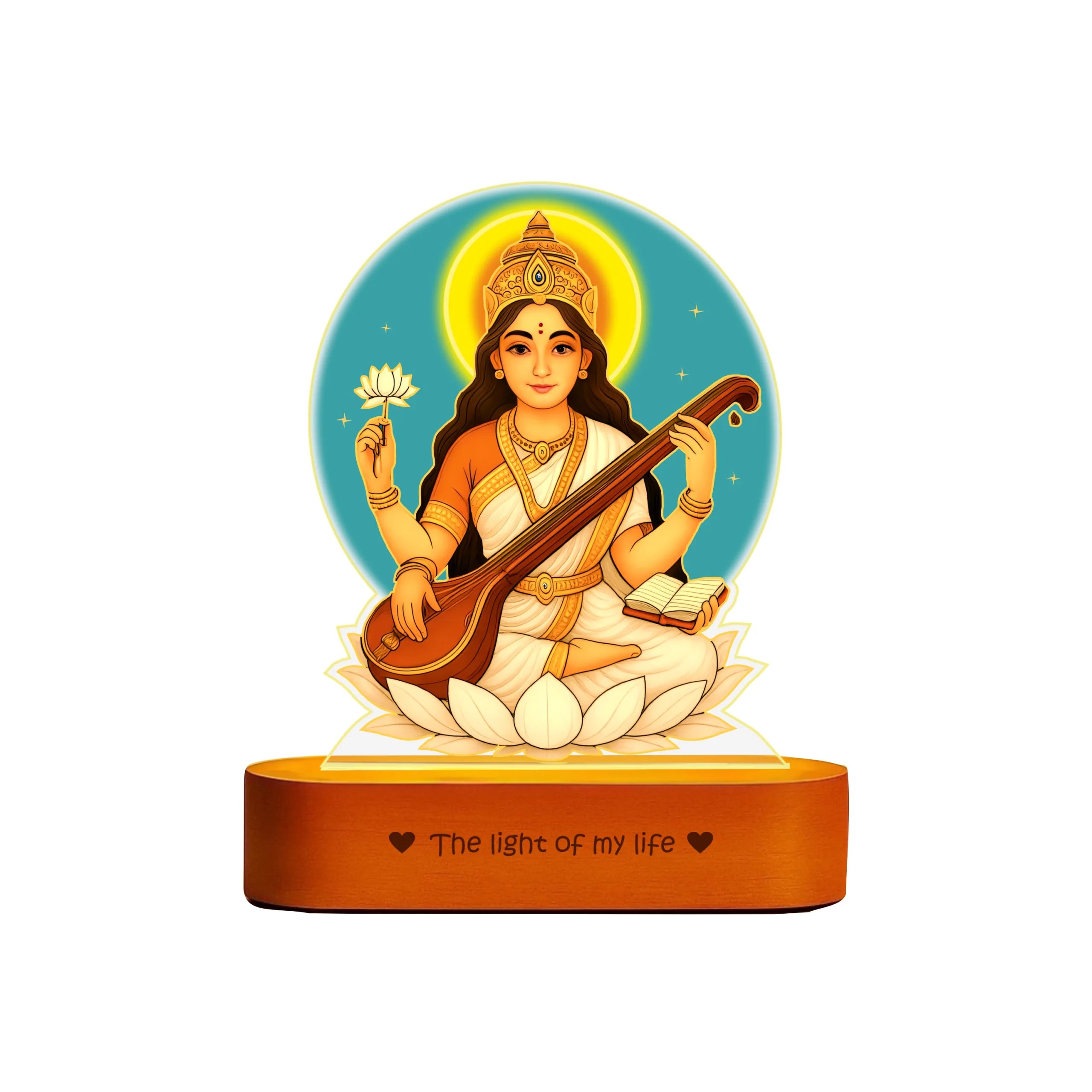 Saraswati LED Lamp | Divine Acrylic Night Light with Wooden Base for Study & Wisdom