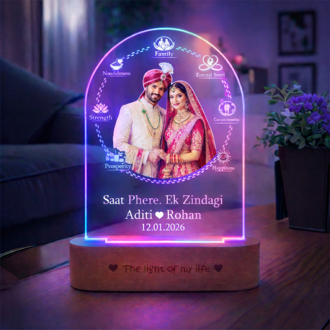 Wedding Gift for Couple – Personalized Saat Phere 7 Vows Photo Lamp (Custom Names & Date) | Warm Golden LED