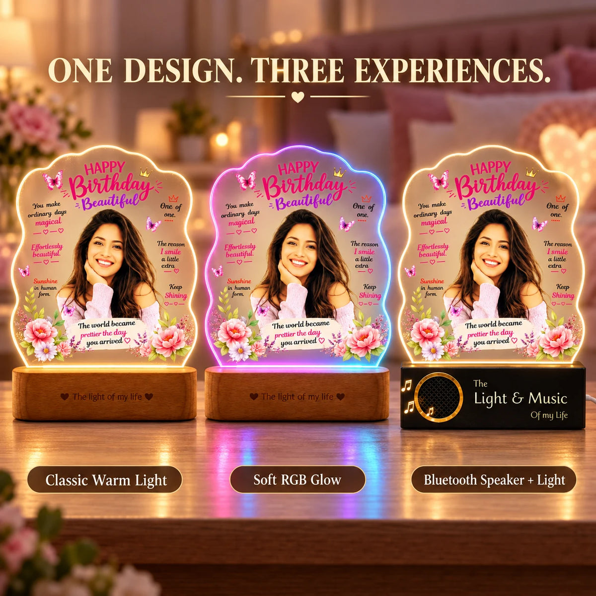 Birthday Gift for Girlfriend – Personalised Photo LED Lamp with Wooden Base