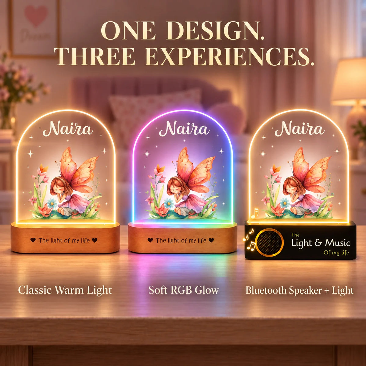 Personalized Name Night Lamp for Daughter | Custom Fairy LED Lamp | Birthday Gift for Daughter | Baby Girl Room Decor | 8x6x2 Inch Acrylic Lamp with Wooden Base
