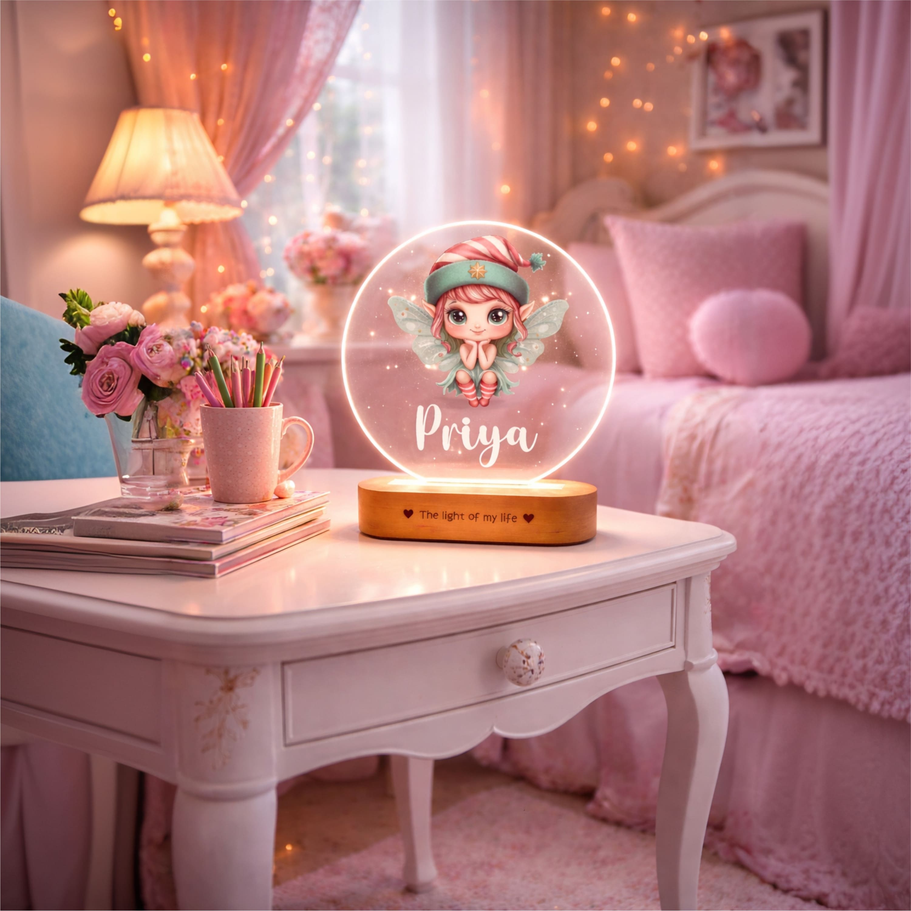 Personalized Name Night Lamp for Kids Girl | Cute Cartoon LED Lamp | Birthday Gift for Girls | Baby Room Decor | 8x6x2 Inch Acrylic Lamp with Wooden Base