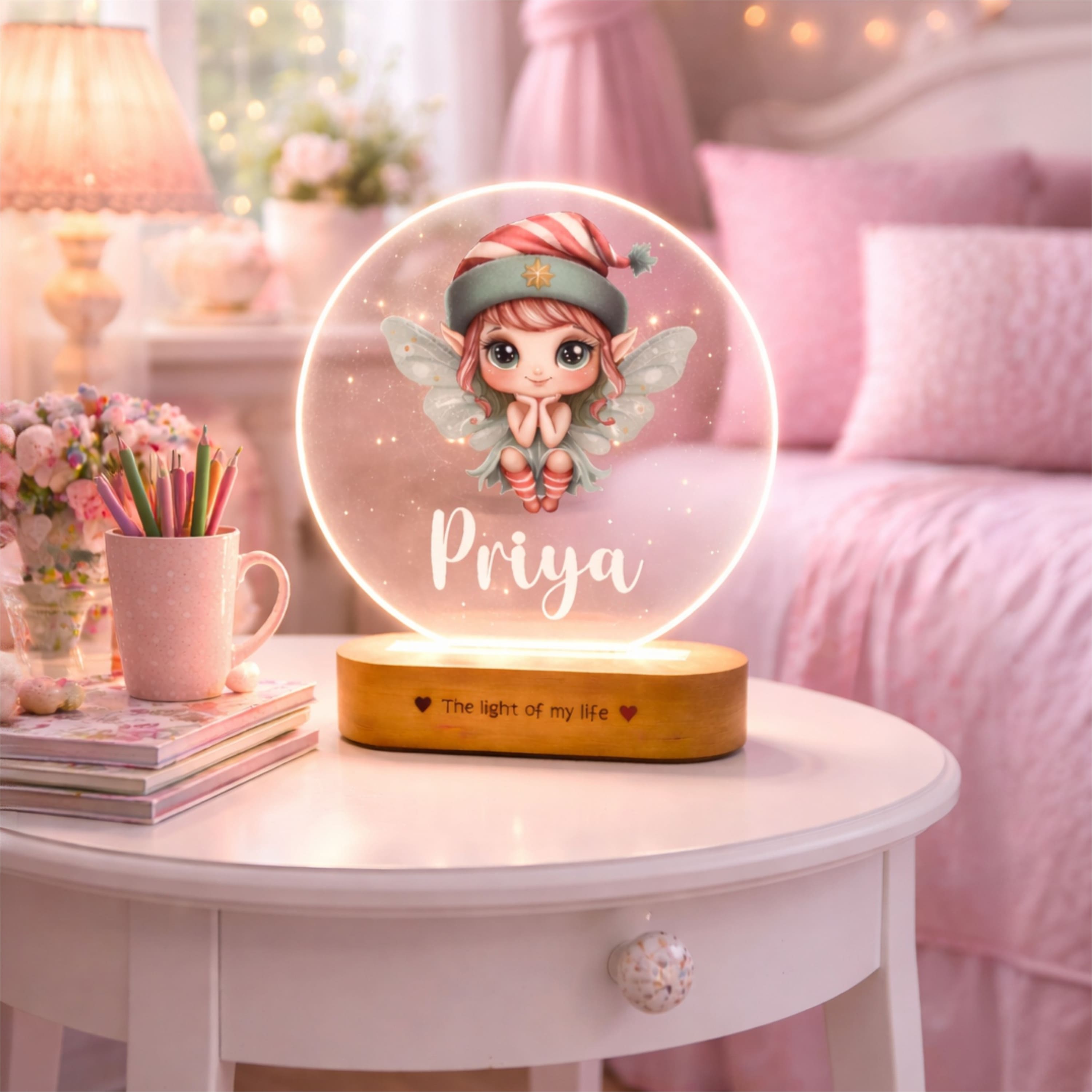 Personalized Name Night Lamp for Kids Girl | Cute Cartoon LED Lamp | Birthday Gift for Girls | Baby Room Decor | 8x6x2 Inch Acrylic Lamp with Wooden Base
