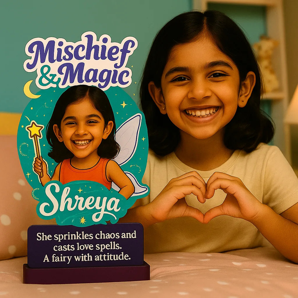 Mischief & Magic – Personalized Gift for Small Sister | Custom Fairy-Themed Caricature Standee