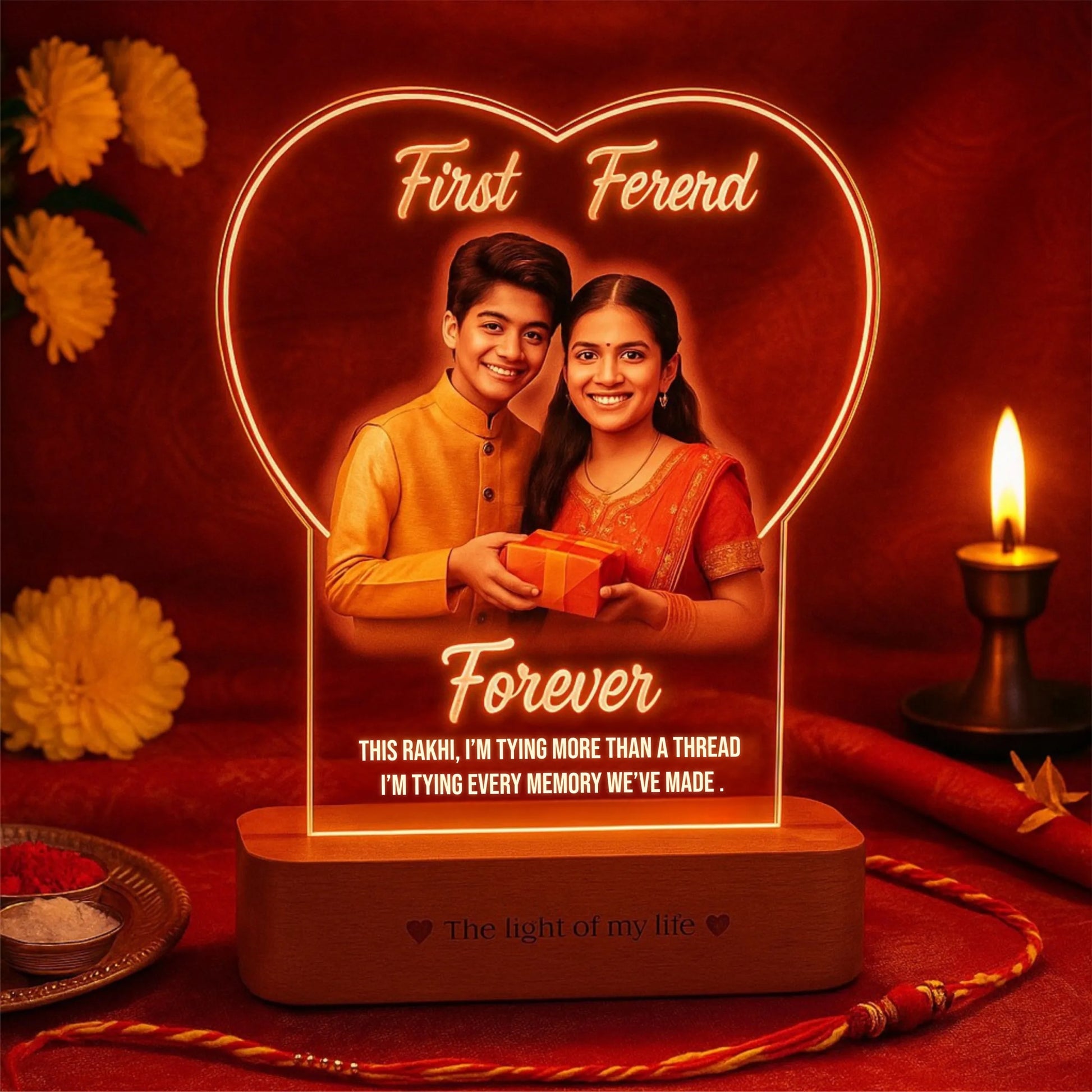 First Friend, Forever – Personalized Gift for Brother Sister | Custom LED Photo Frame for Rakhi