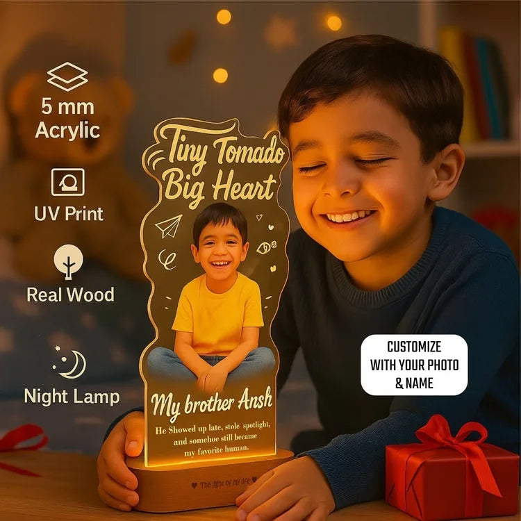 Tiny Tornado Lamp – Personalized Rakhi Gift for Young Brother | Custom LED Photo Frame