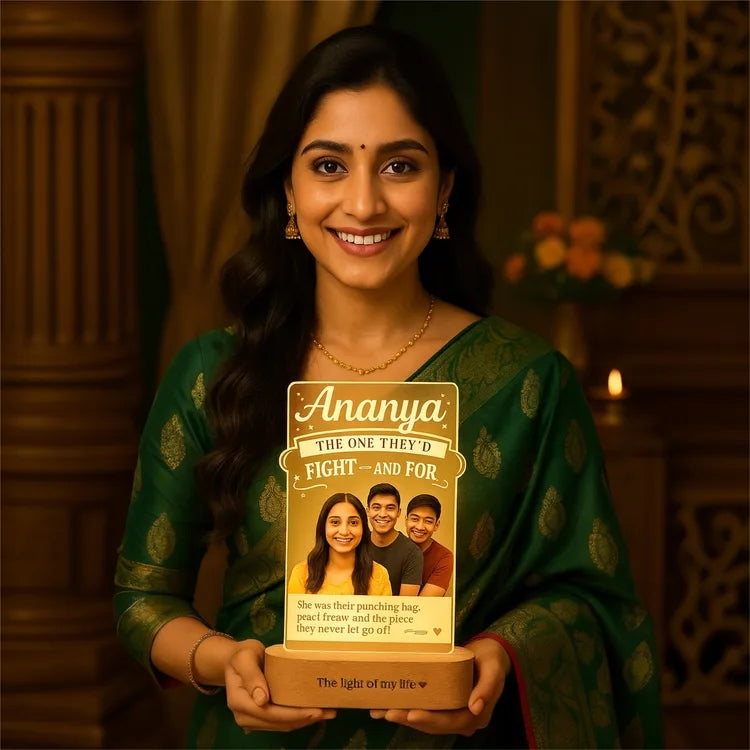 Punching Bag Princess - Personalized Rakhi Gift for Sister with Two Brothers | LED Acrylic Photo Lamp