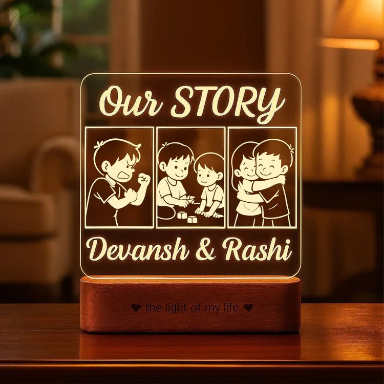 Our Story – Funny Rakhi Gift for Brother India | Personalized Acrylic Lamp with Name & Sibling Comics (8x6")