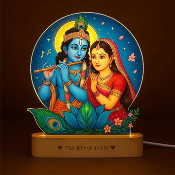 Radha Krishna LED Lamp | Divine Acrylic Night Light with Wooden Base (7×6×2 in)