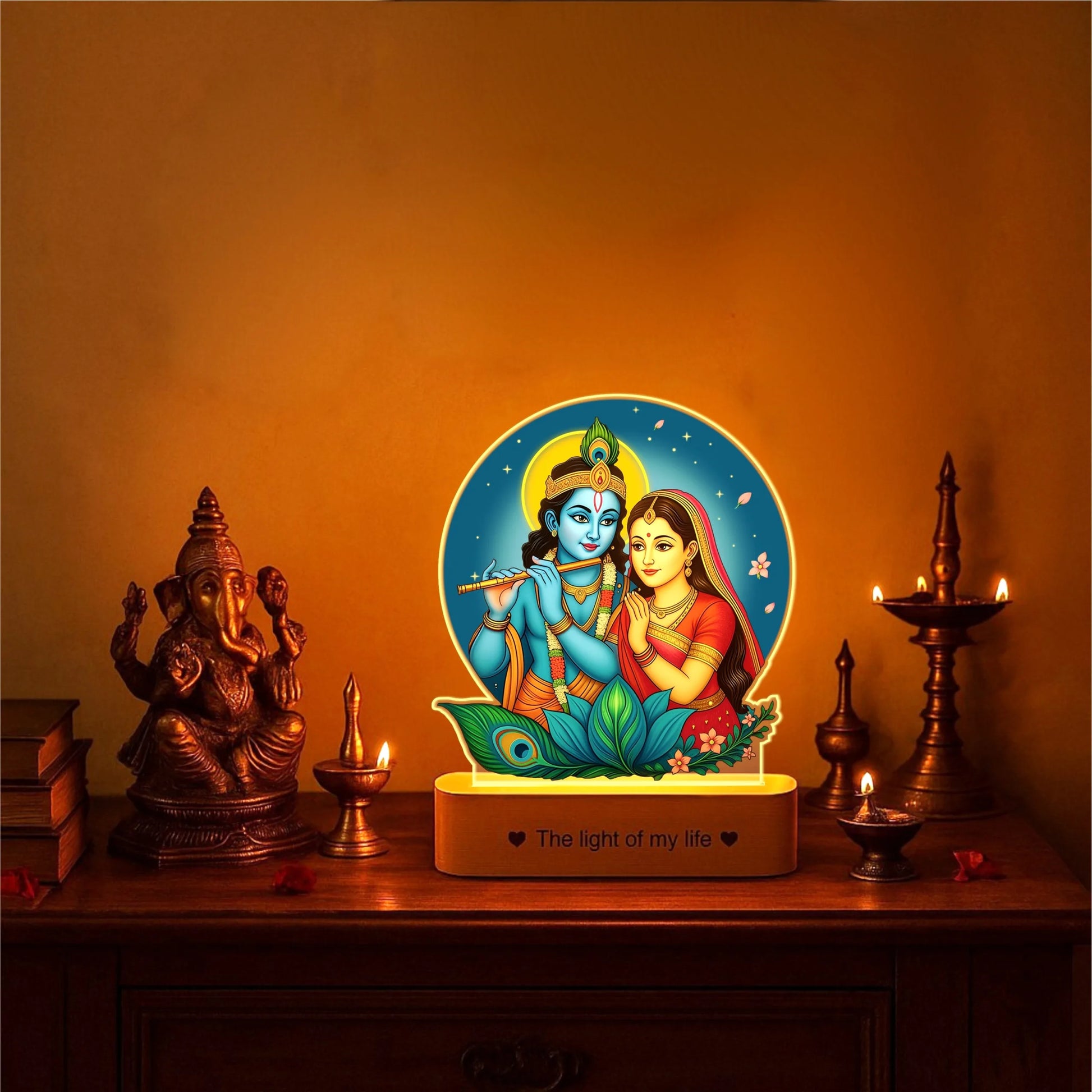 Radha Krishna LED Lamp | Divine Acrylic Night Light with Wooden Base (7×6×2 in)