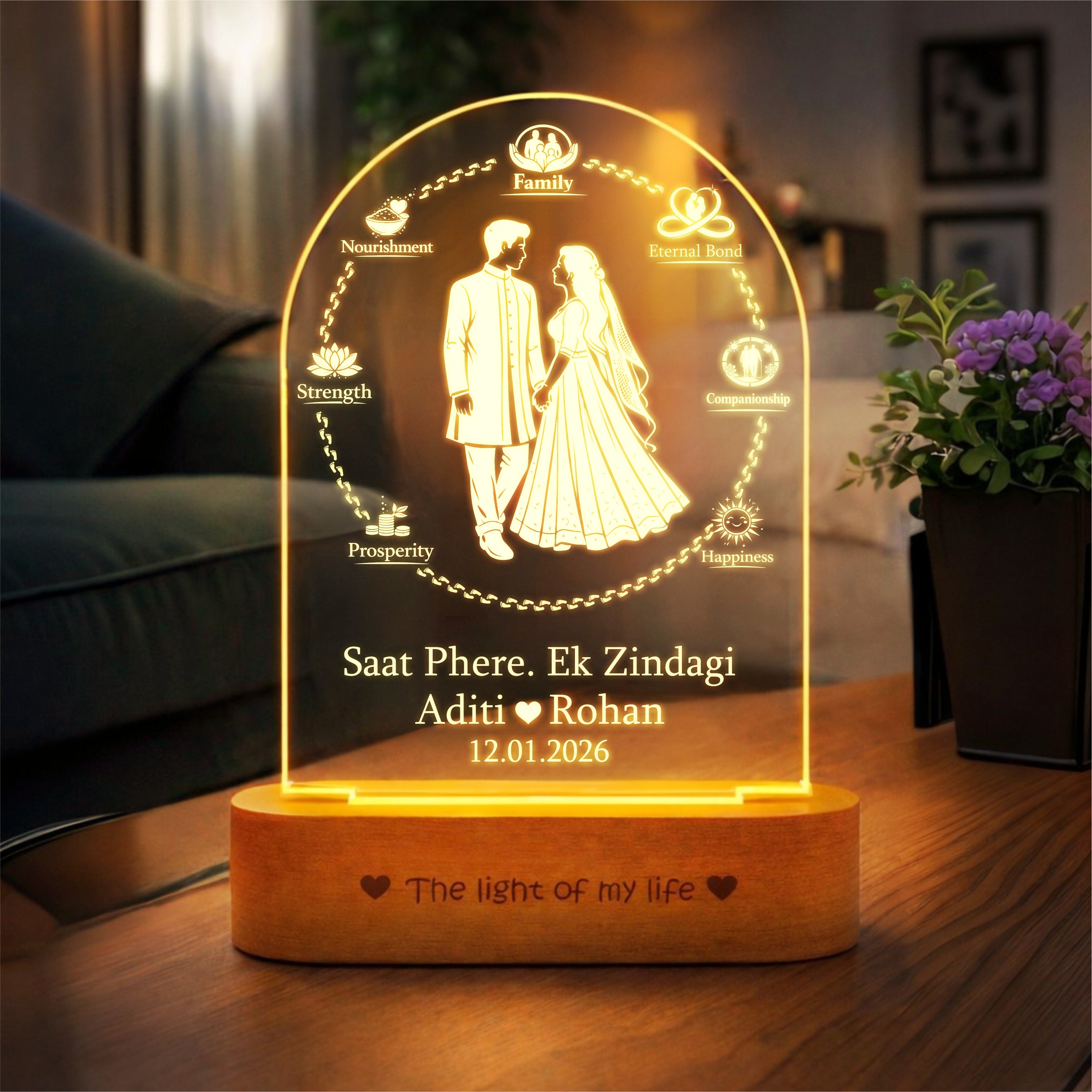 Marriage Gift for Couple – Personalized Saat Phere 7 Vows Name Lamp | Indian Wedding Gift