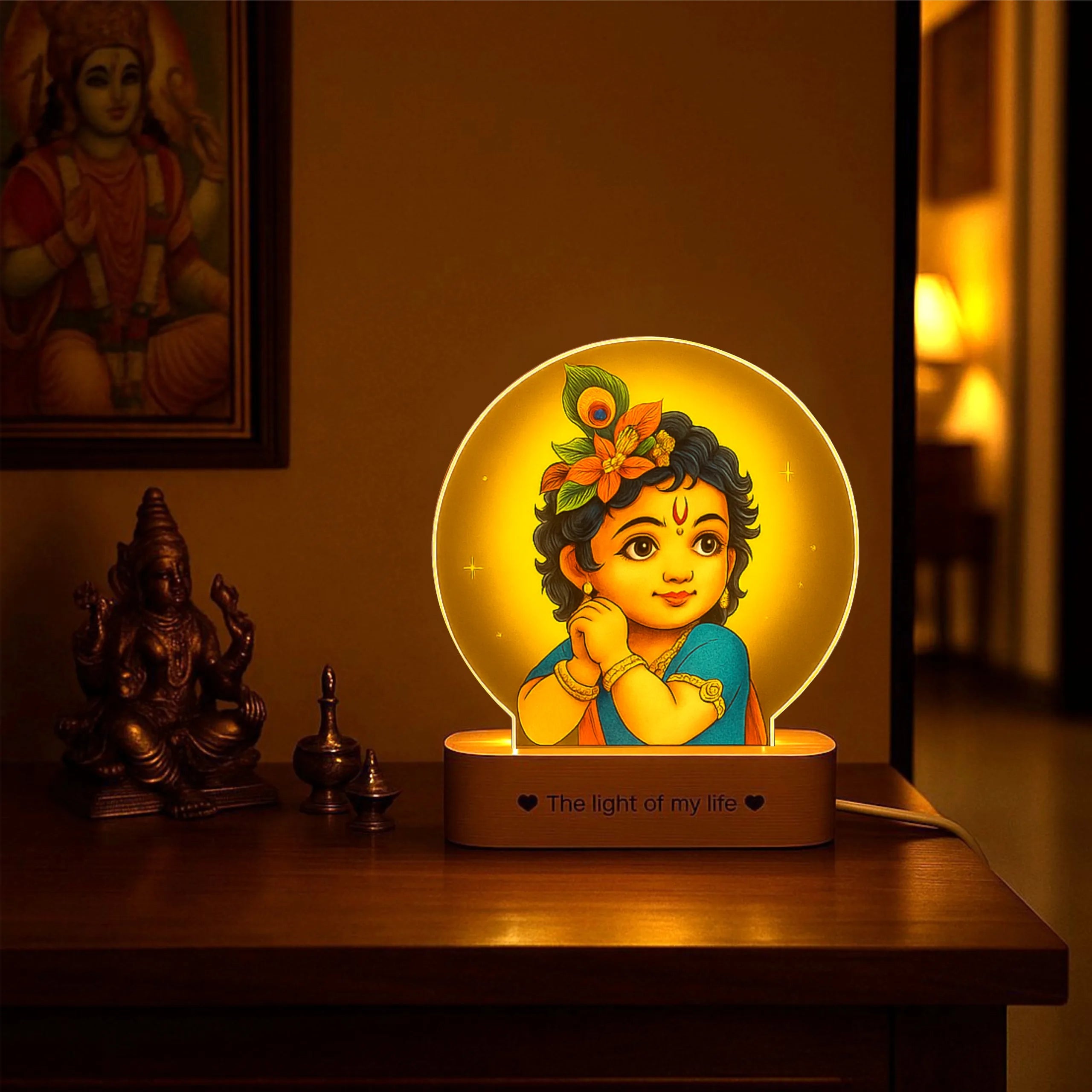 Bal Krishna Photo Frame with Light – Spiritual Pooja Room Décor & Diwali Gift