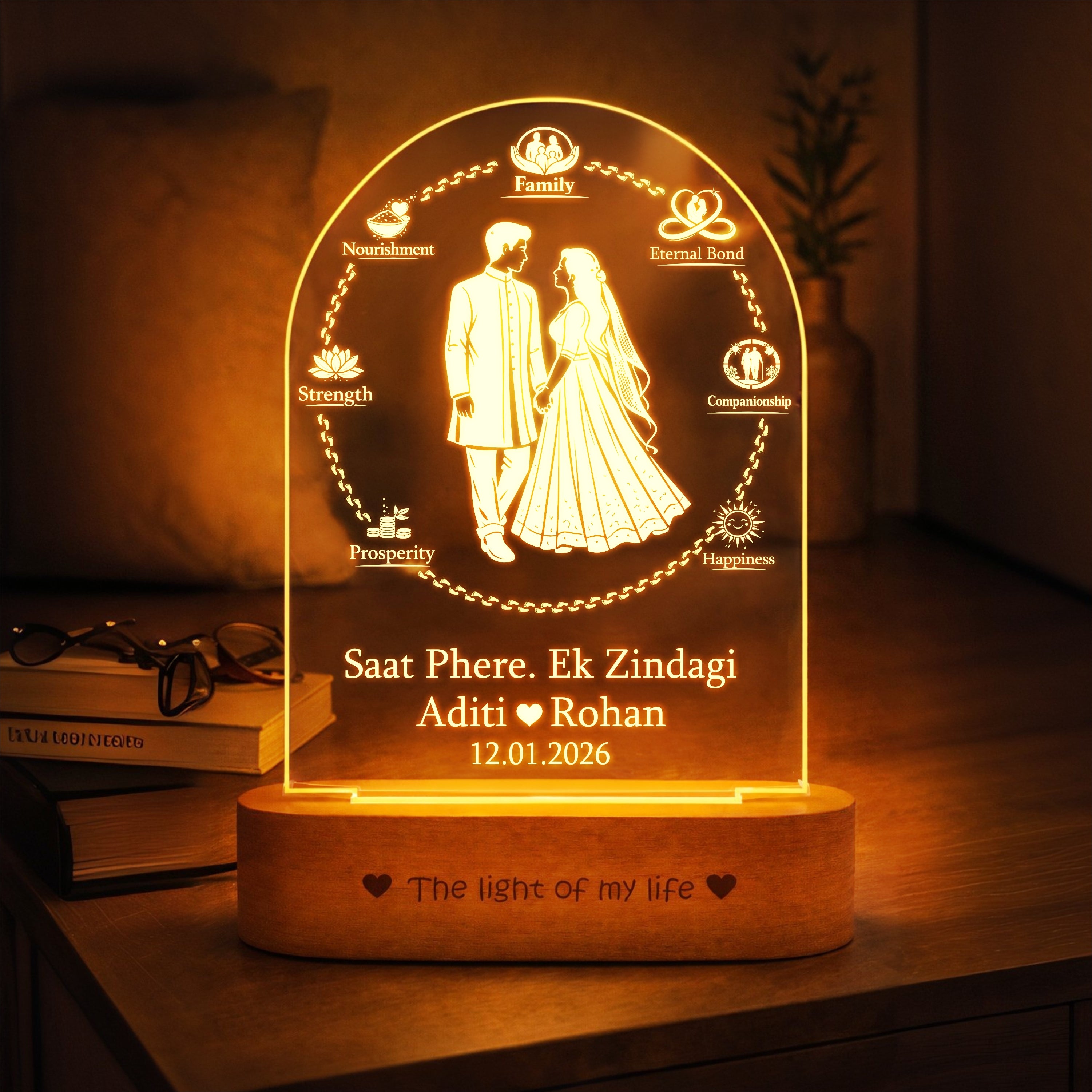 Marriage Gift for Couple – Personalized Saat Phere 7 Vows Name Lamp | Indian Wedding Gift