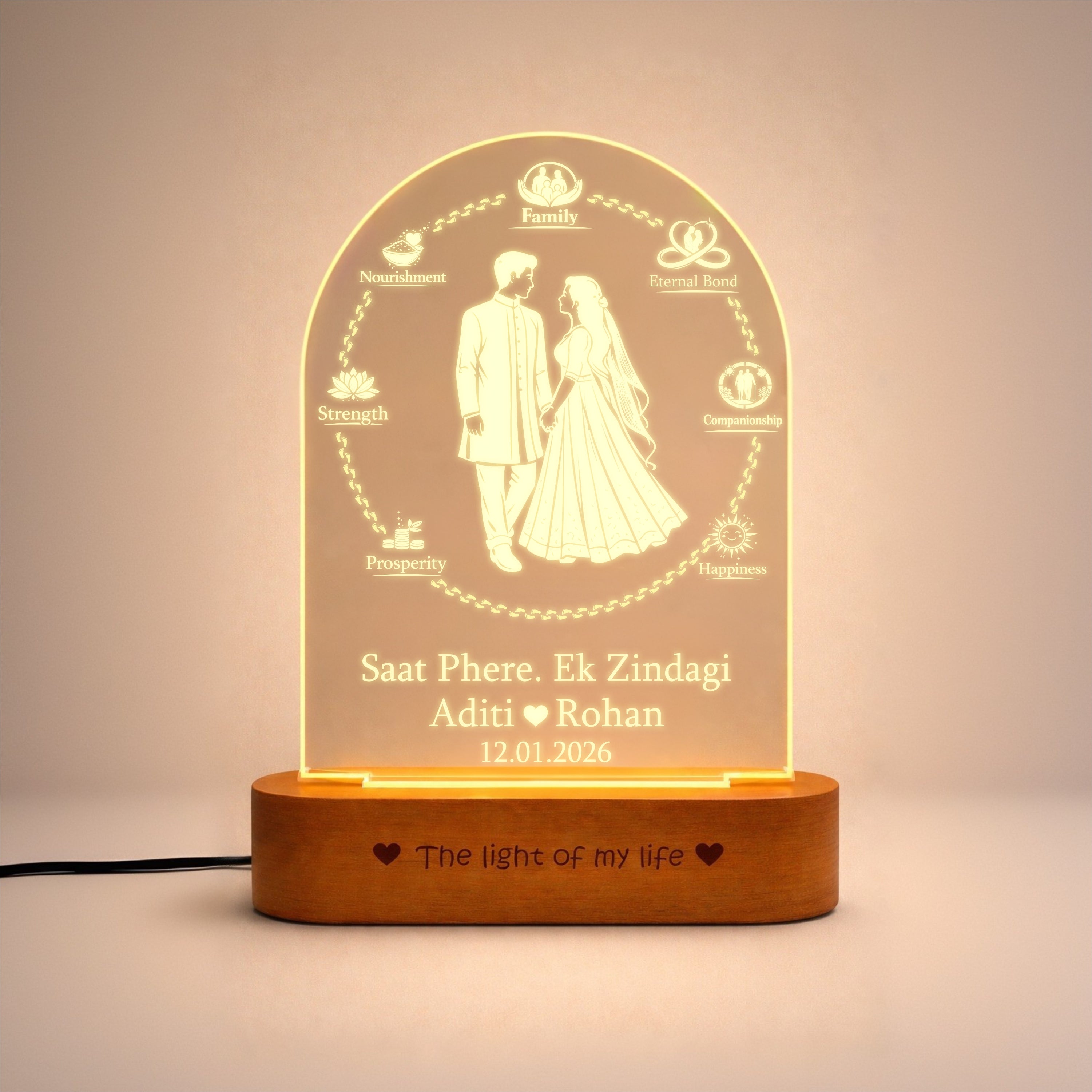 Marriage Gift for Couple – Personalized Saat Phere 7 Vows Name Lamp | Indian Wedding Gift