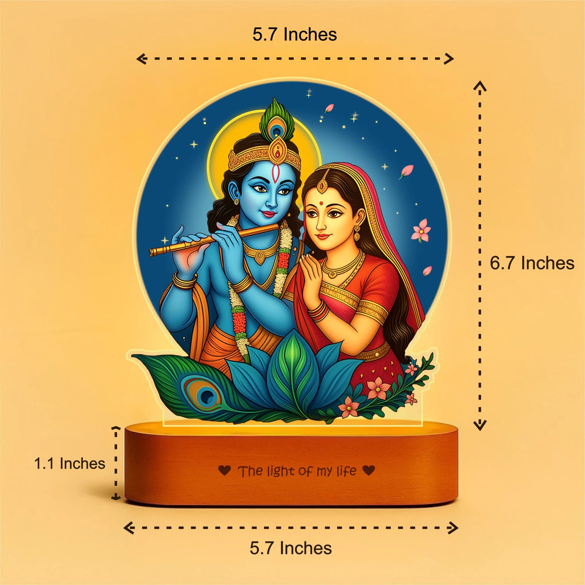 Radha Krishna LED Lamp | Divine Acrylic Night Light with Wooden Base (7×6×2 in)