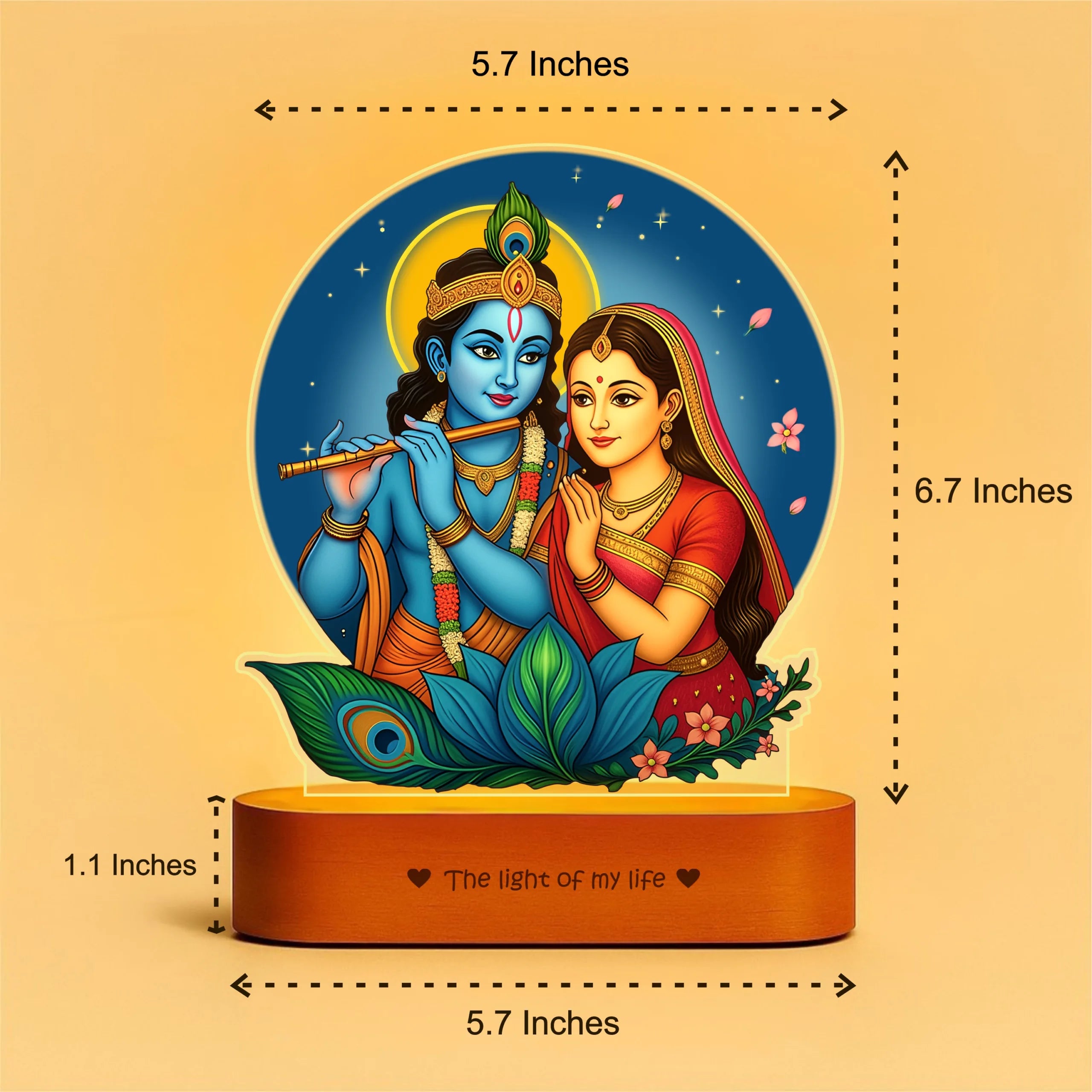 Radha Krishna LED Lamp | Divine Acrylic Night Light with Wooden Base (7×6×2 in)