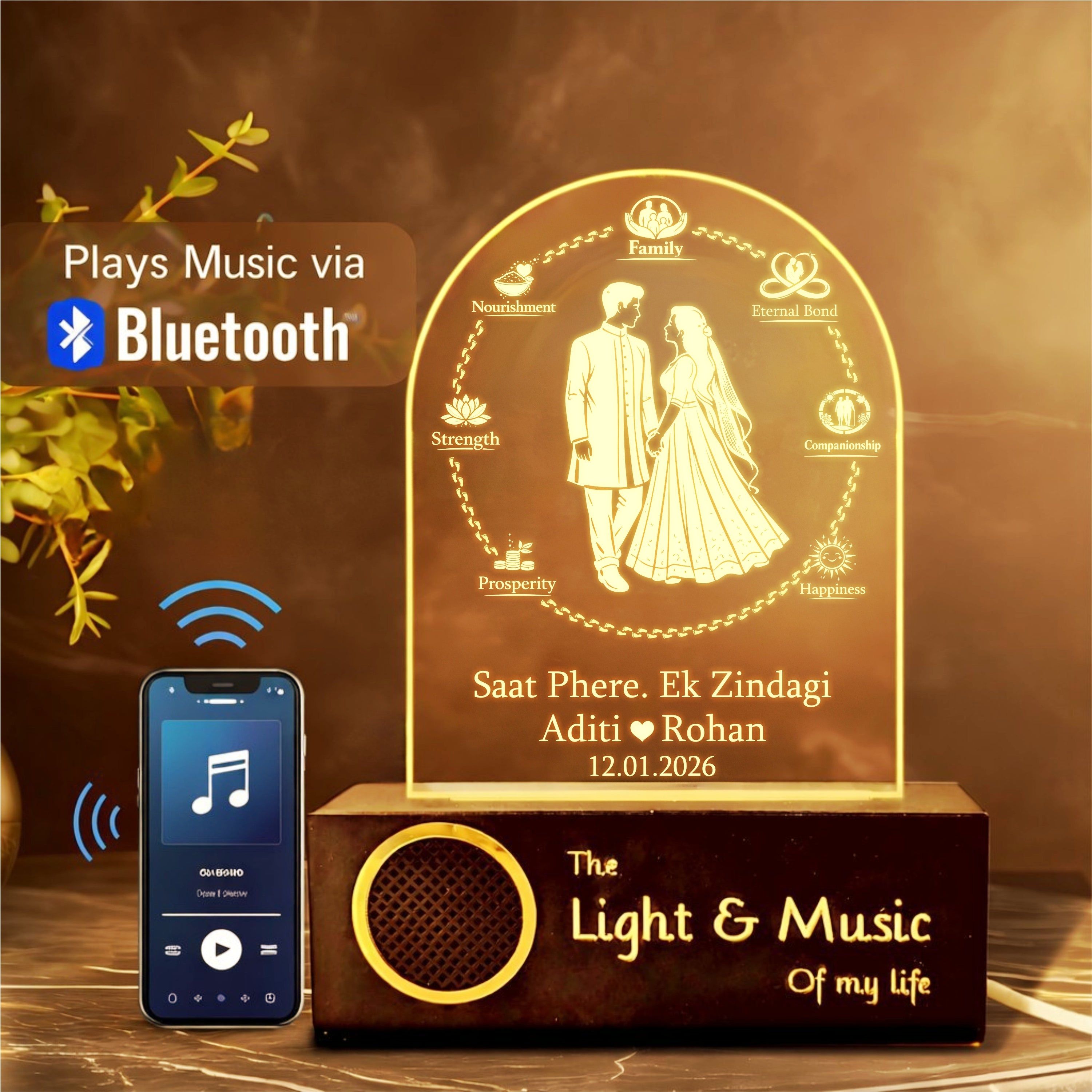Marriage Gift for Couple – Personalized Saat Phere 7 Vows Name Lamp | Indian Wedding Gift