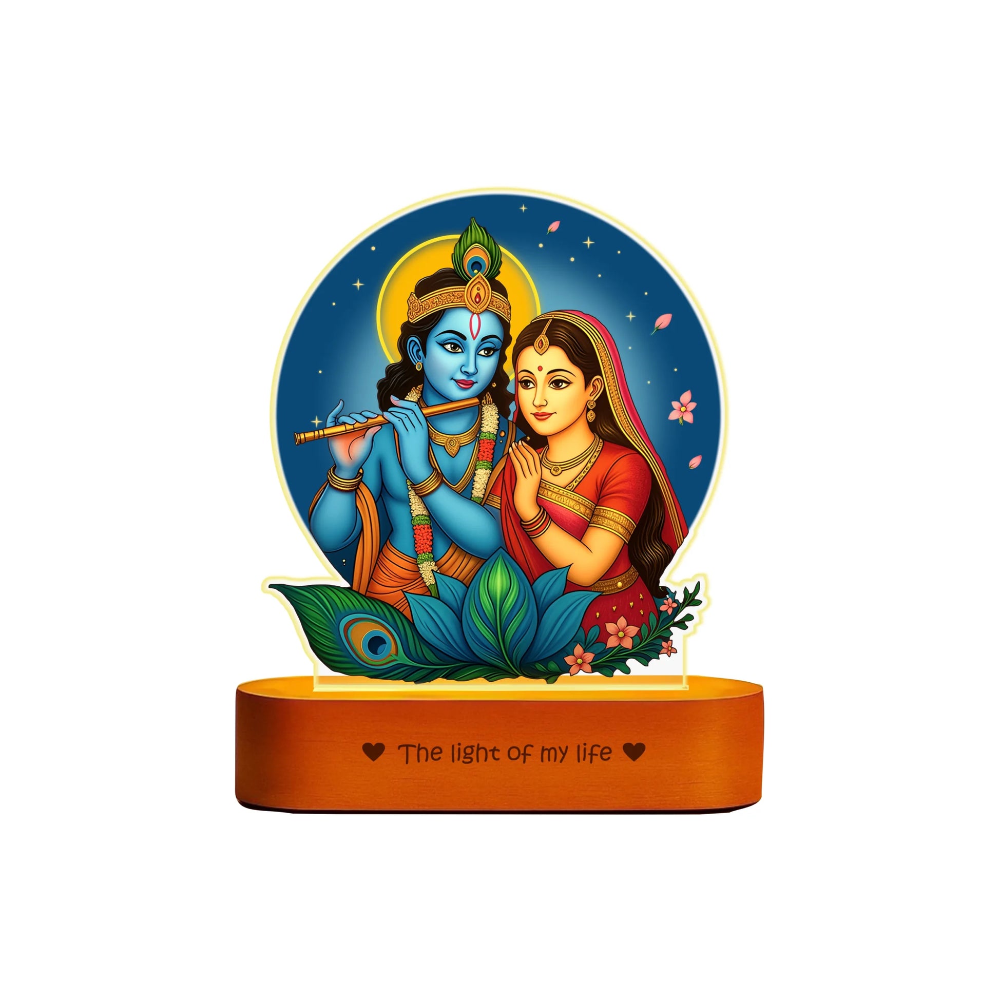 Radha Krishna LED Lamp | Divine Acrylic Night Light with Wooden Base (7×6×2 in)