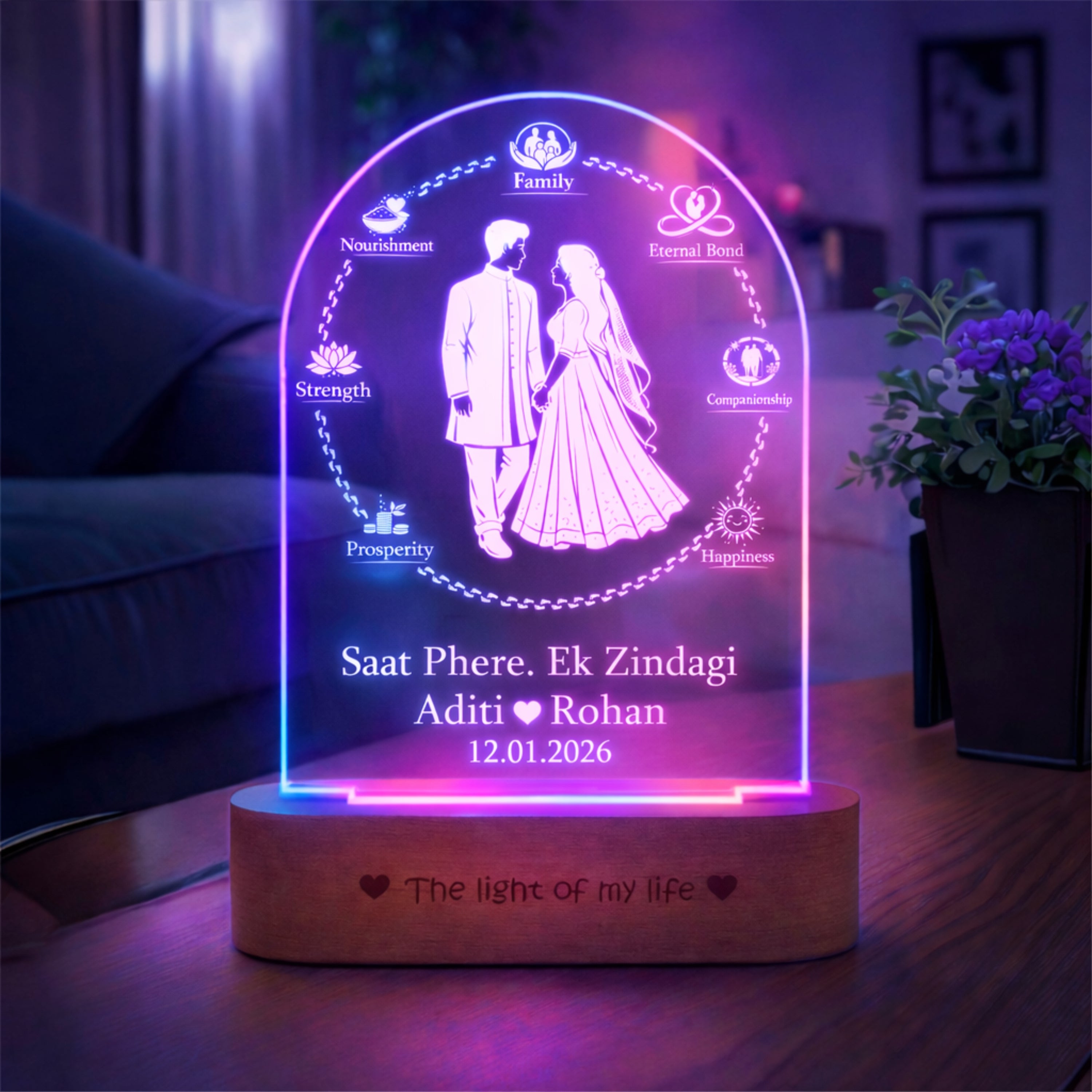 Marriage Gift for Couple – Personalized Saat Phere 7 Vows Name Lamp | Indian Wedding Gift